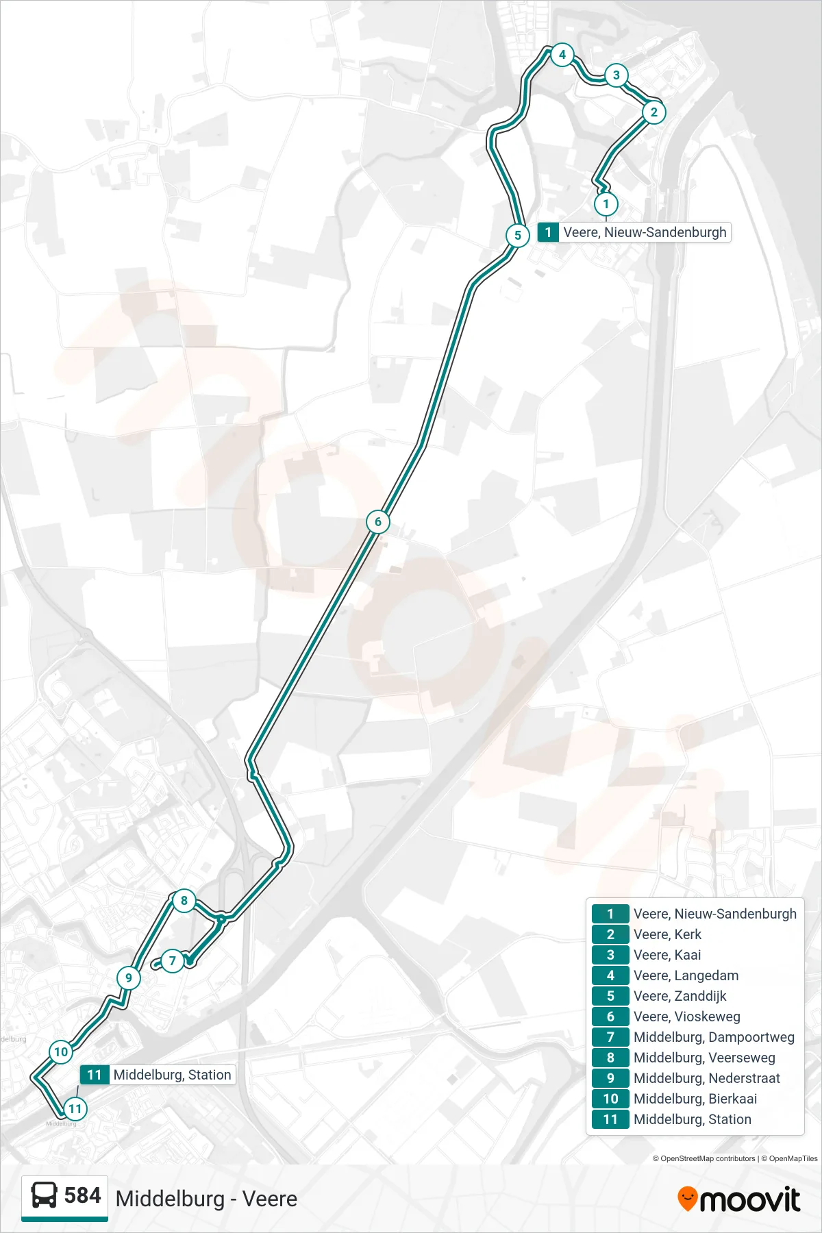 Lijn 584 (bus, Middelburg Station): route en haltes op de kaart