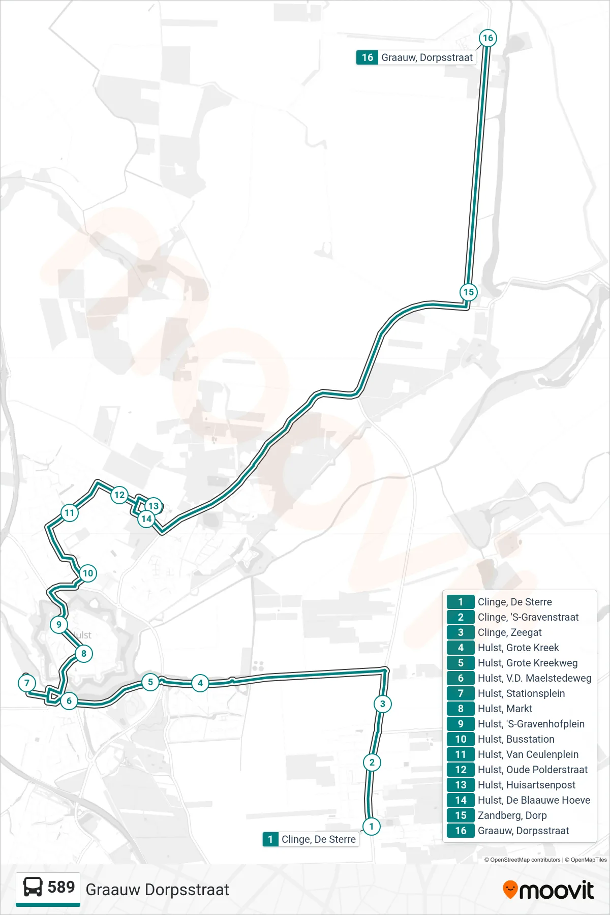 Lijn 589 (bus, Graauw Dorpsstraat): route en haltes op de kaart