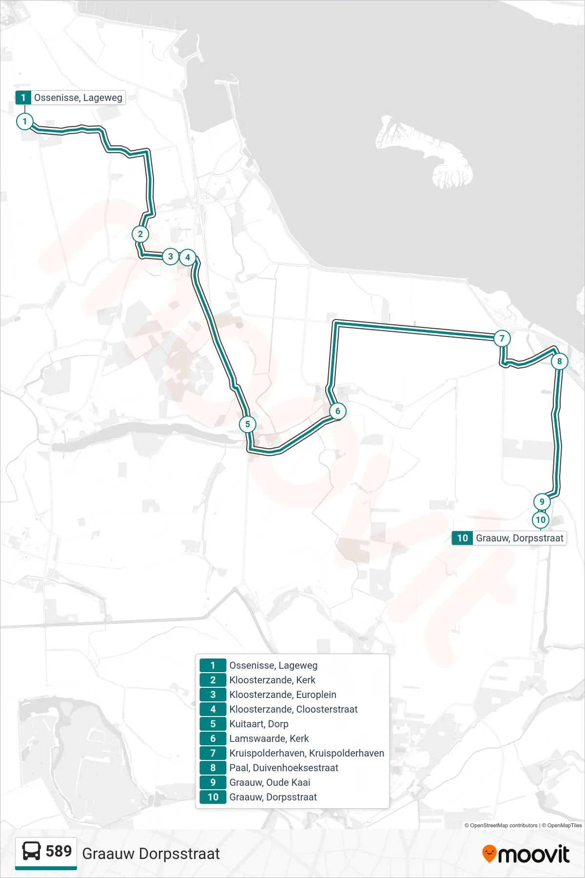 589 bus Line (Graauw Dorpsstraat) route and stops on a map