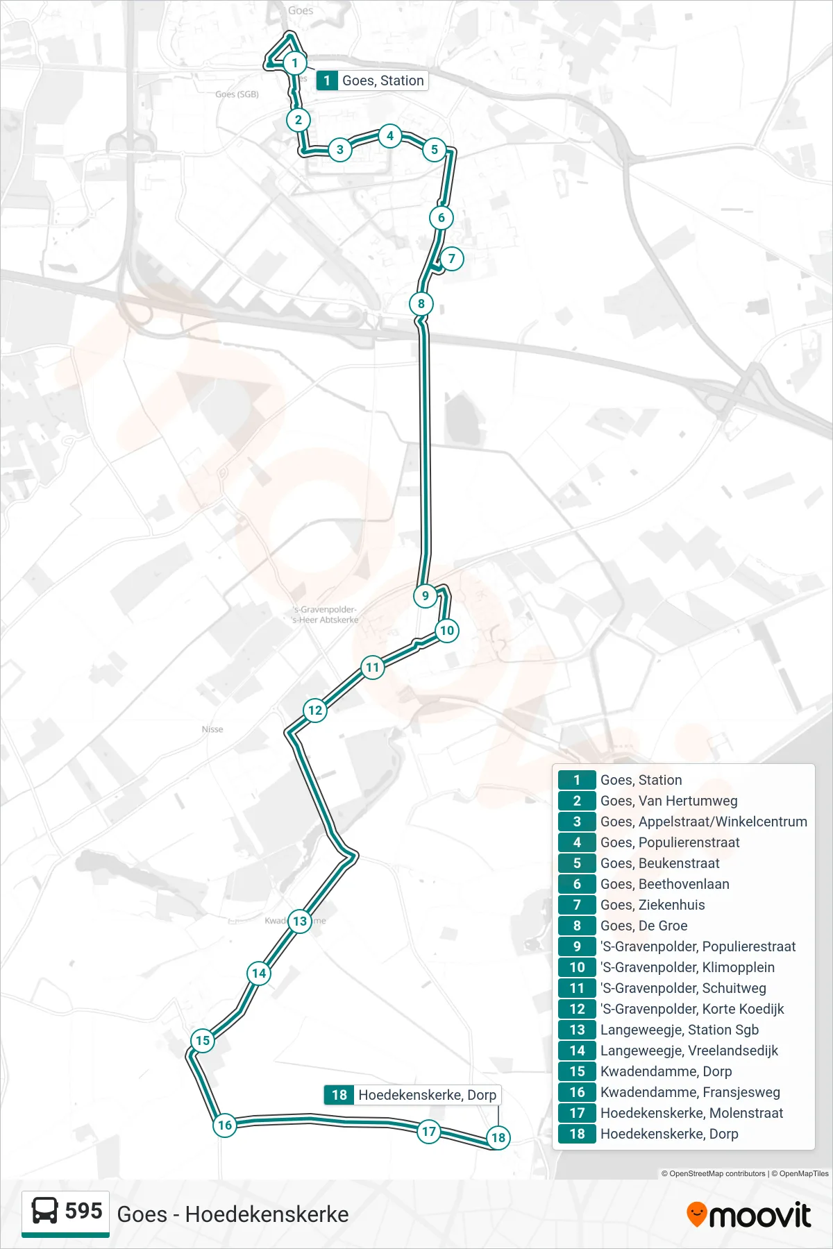Lijn 595 (bus, Hoedekenskerke): route en haltes op de kaart