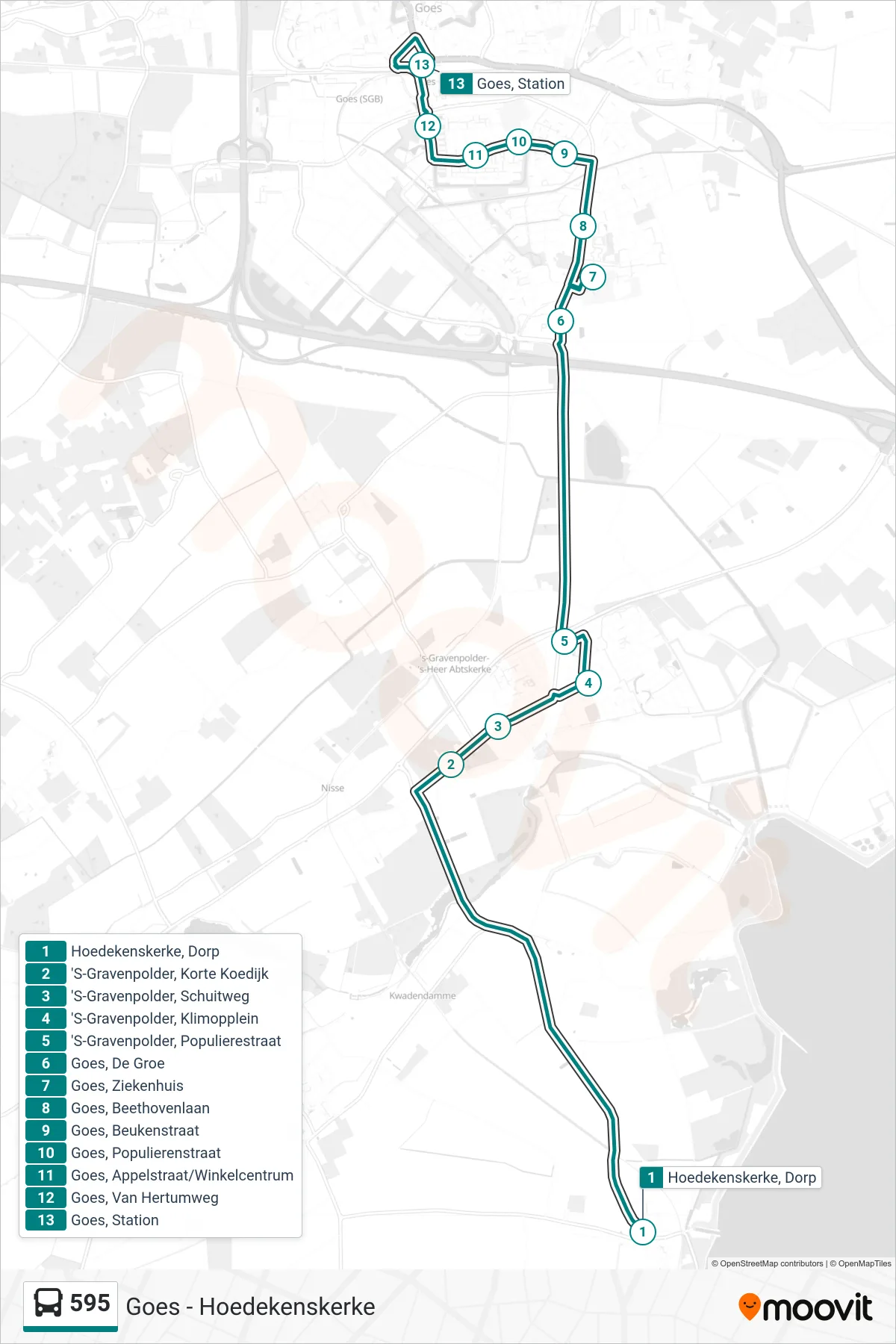 Lijn 595 (bus, Goes Station): route en haltes op de kaart