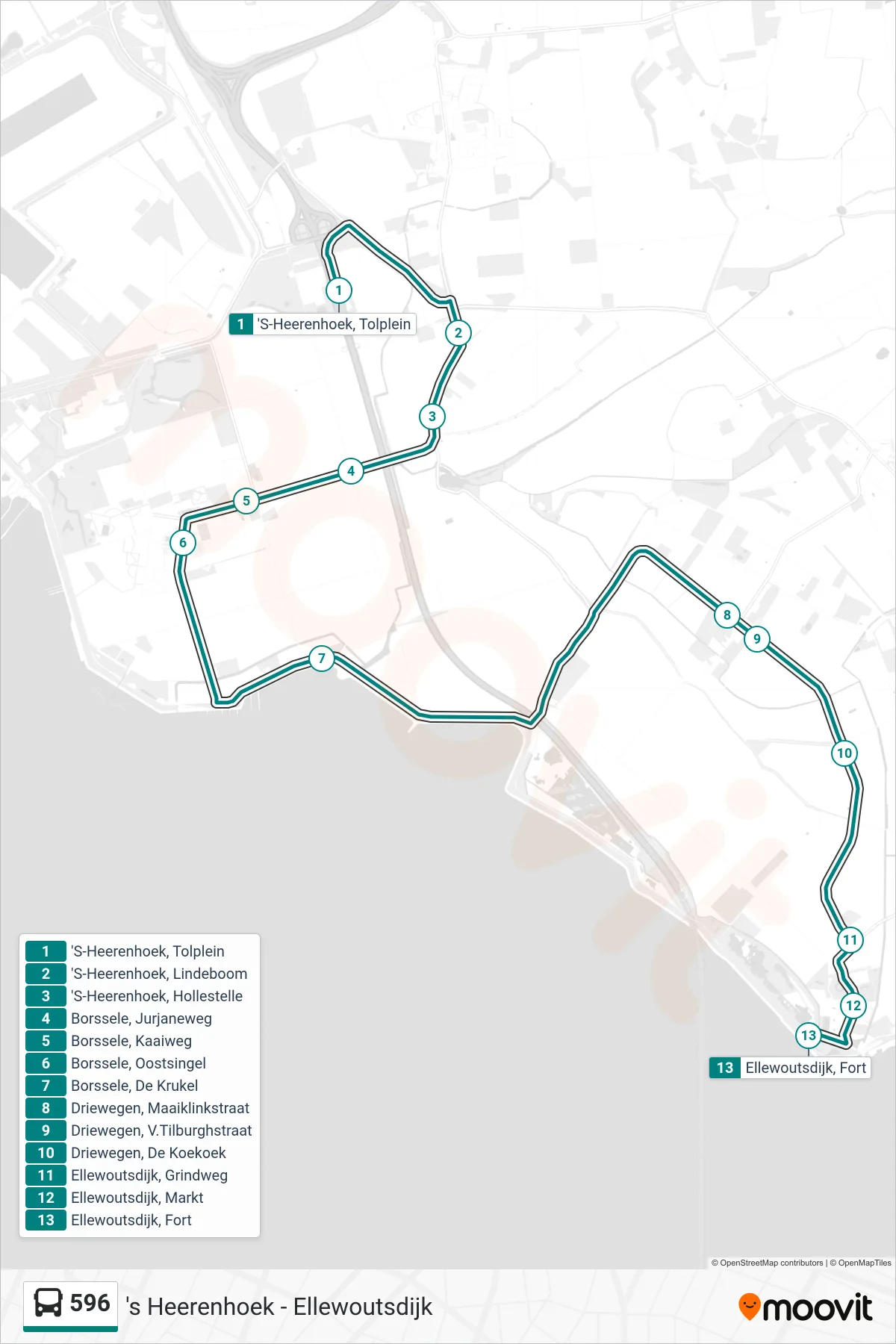 Lijn 596 (bus, Ellewoutsdijk Fort): route en haltes op de kaart