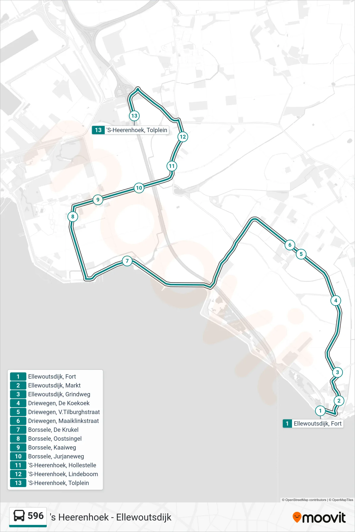 Lijn 596 (bus, 'S-Heerenhoek Tolplein): route en haltes op de kaart