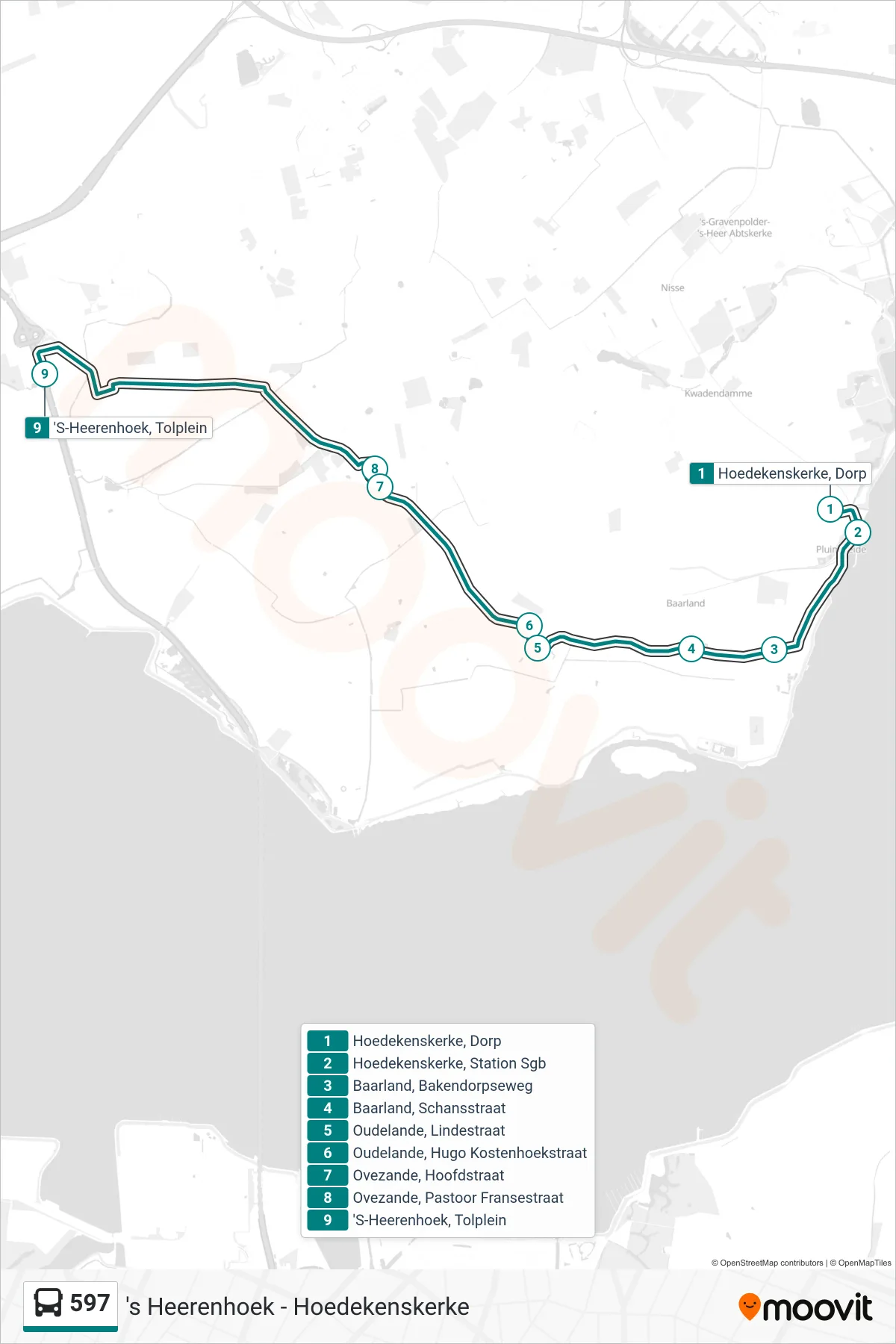 Lijn 597 (bus, 'S-Heerenhoek Tolplein): route en haltes op de kaart