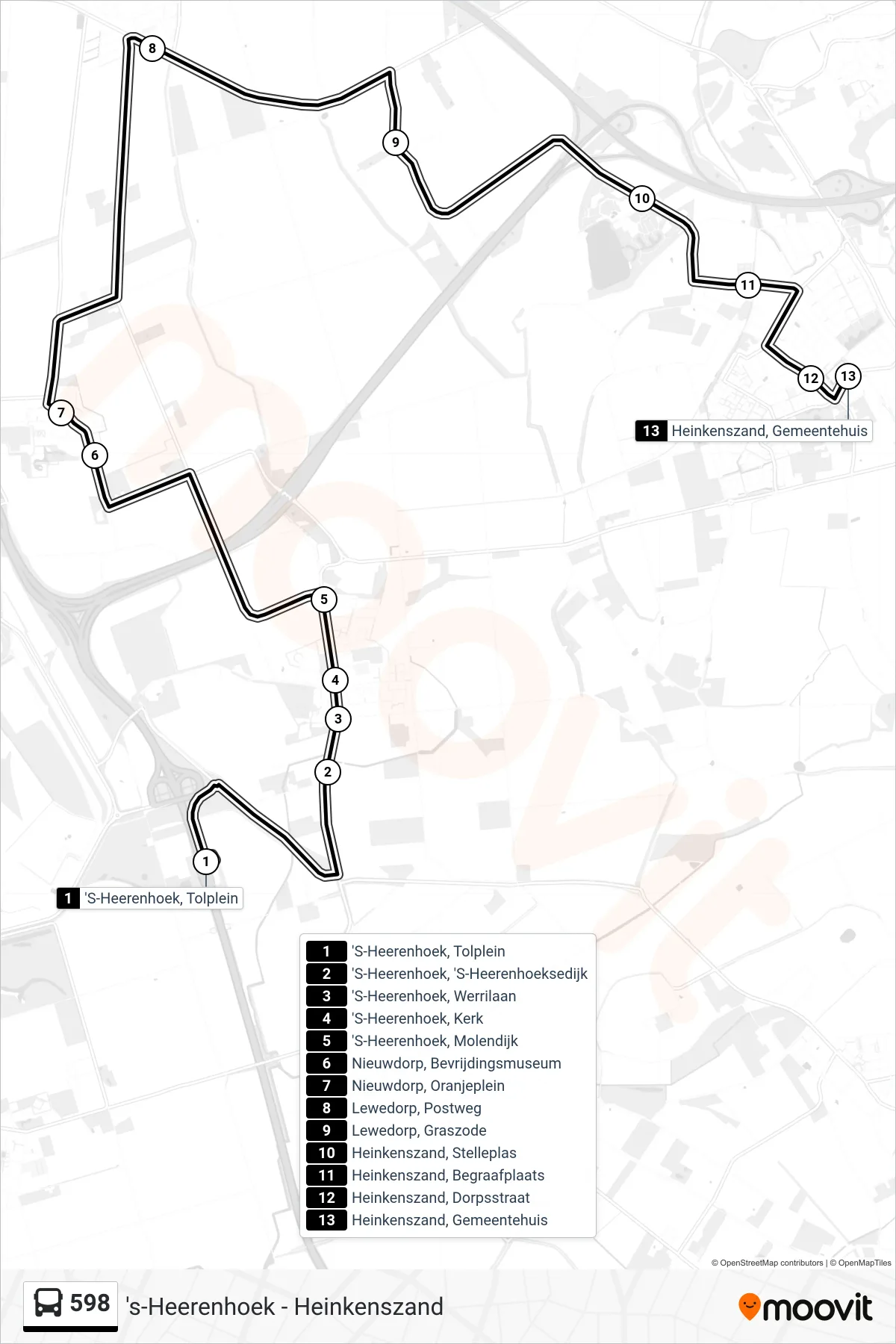 Lijn 598 (bus, Heinkenszand Gemeentehuis): route en haltes op de kaart