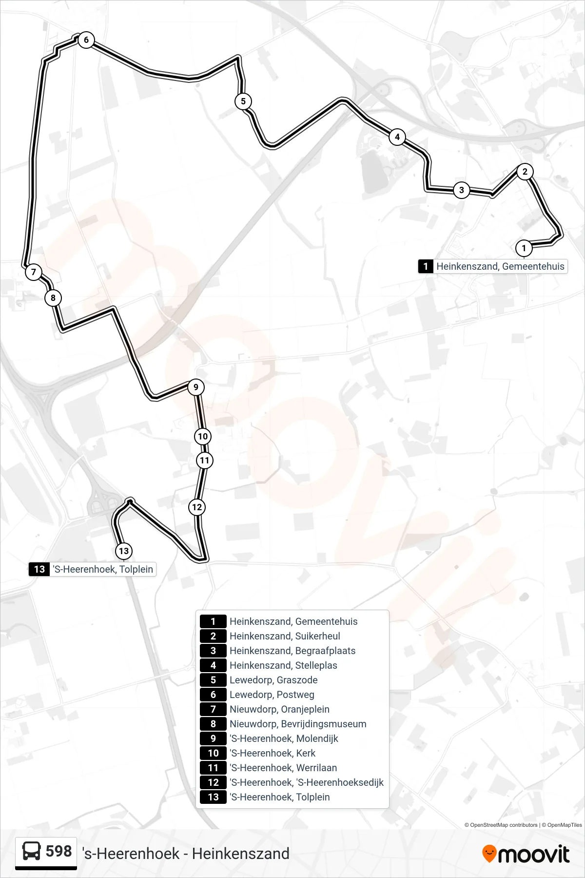 Lijn 598 (bus, 'S-Heerenhoek Tolplein): route en haltes op de kaart