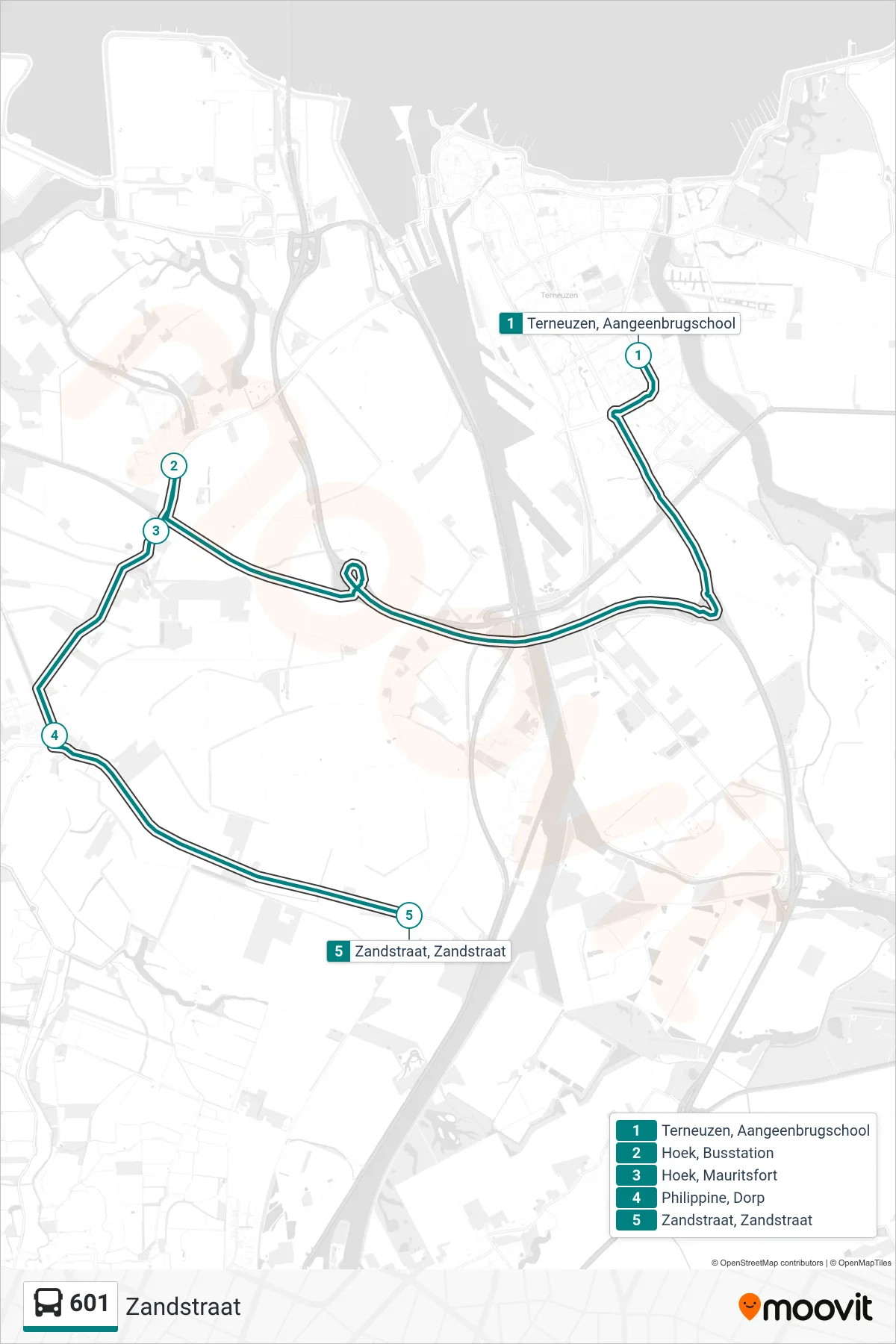 Lijn 601 (bus, Zandstraat): route en haltes op de kaart