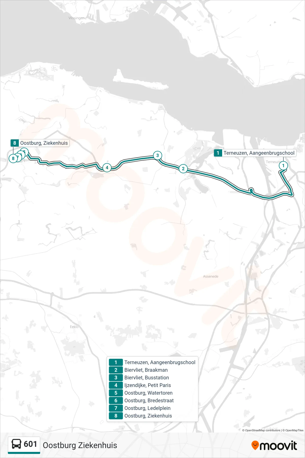 Lijn 601 (bus, Oostburg Ziekenhuis): route en haltes op de kaart
