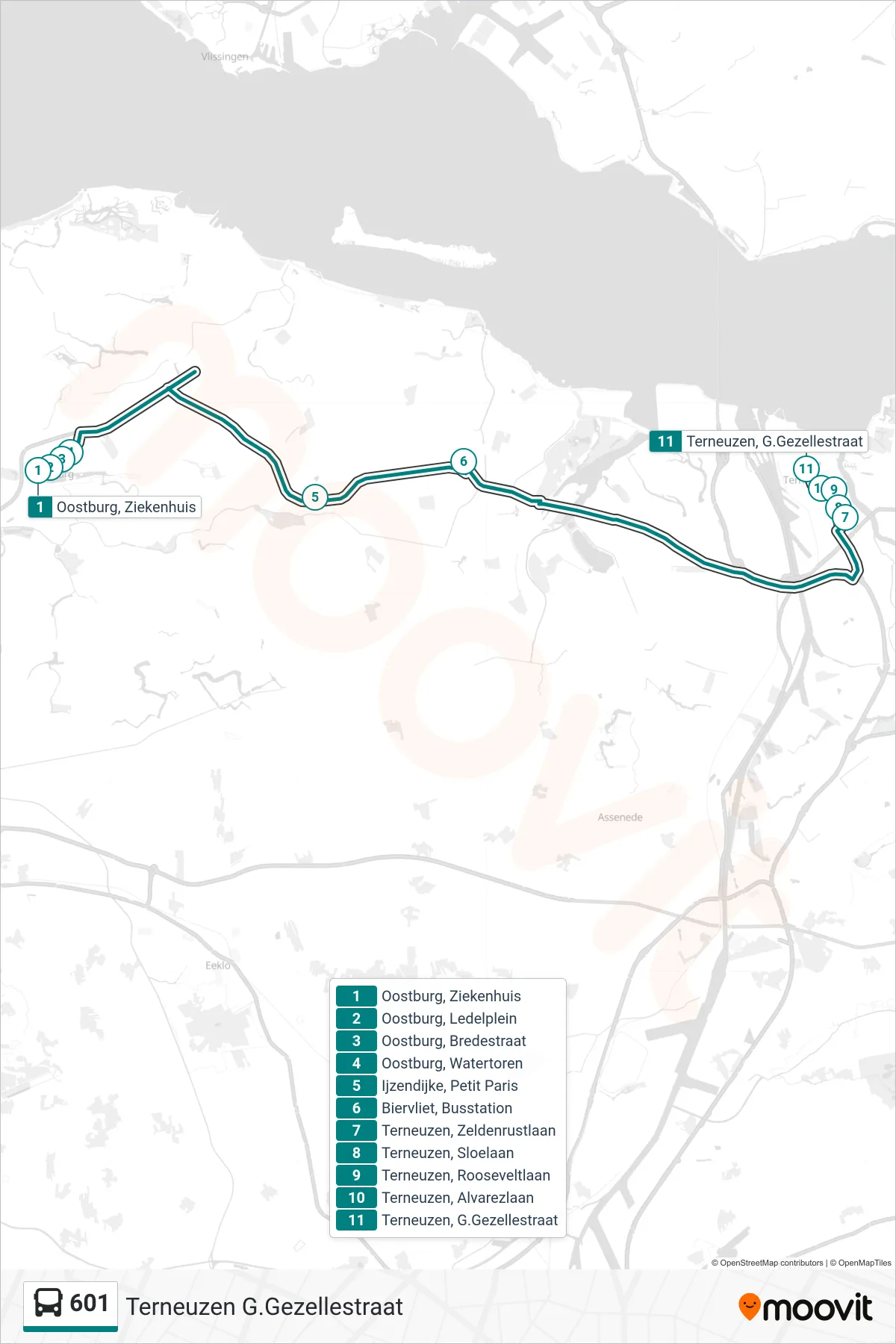 Lijn 601 (bus, Terneuzen G.Gezellestraat): route en haltes op de kaart