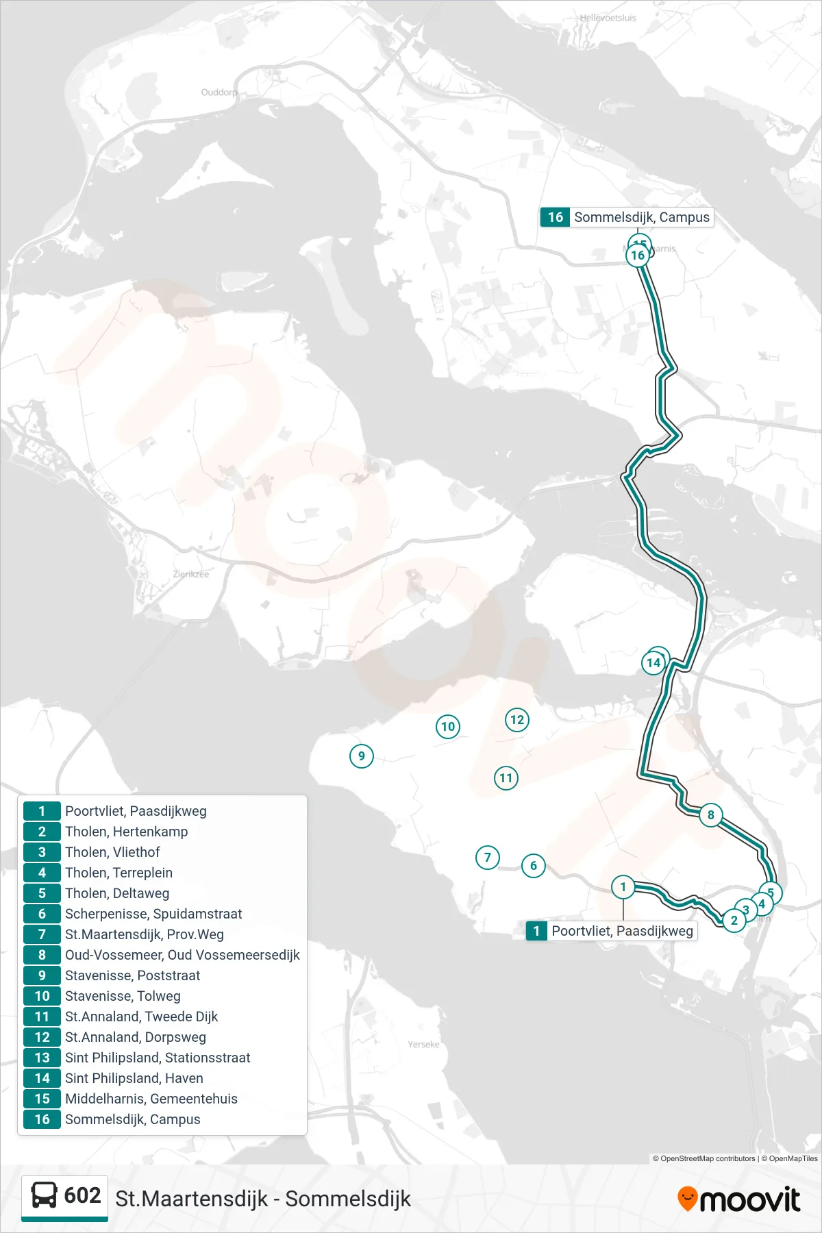 Lijn 602 (bus, Sommelsdijk Campus): route en haltes op de kaart