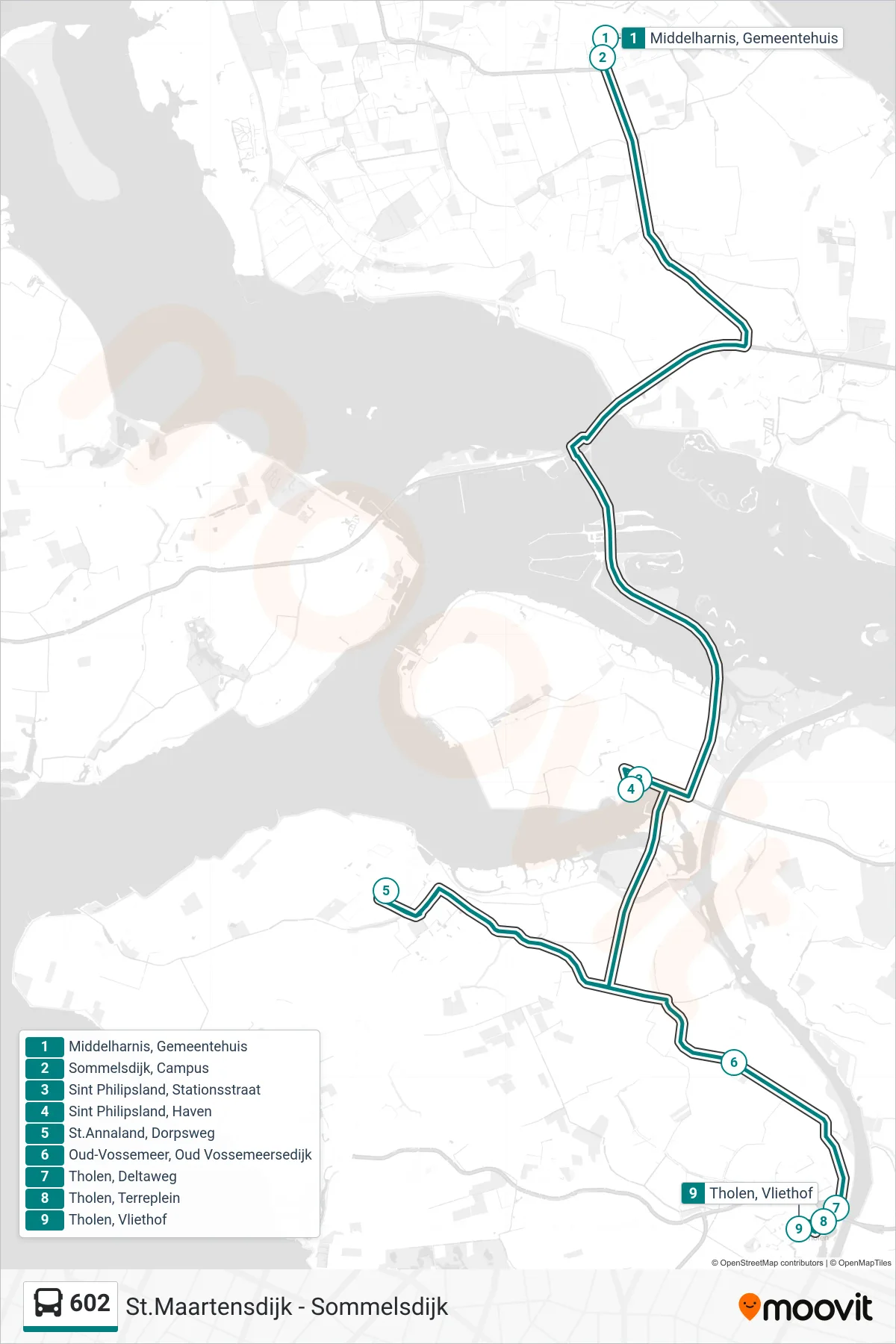 Lijn 602 (bus, Tholen Vliethof): route en haltes op de kaart