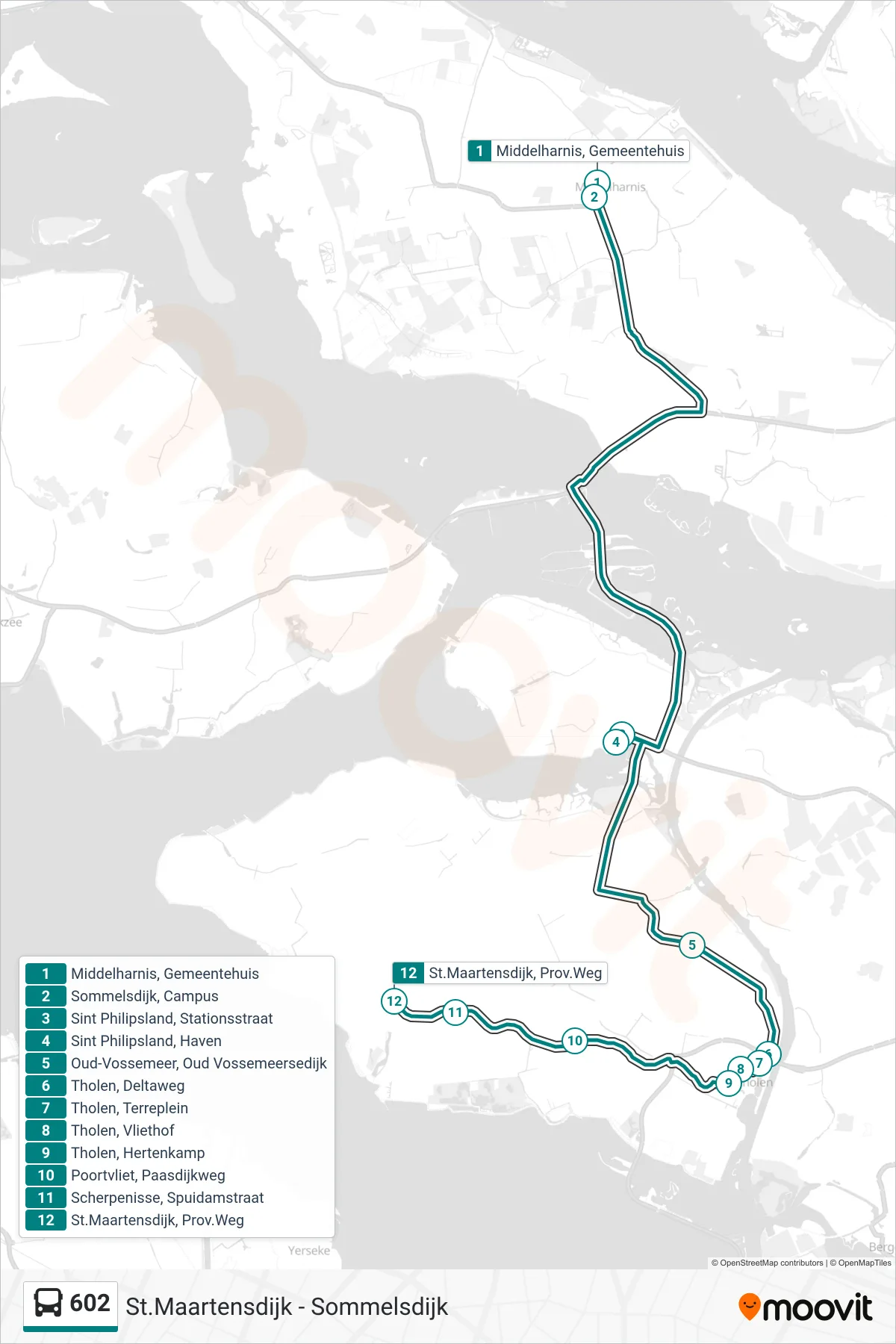 Linie 602 (Bus) Richtung St.Maartensdijk Prov.Weg: Route und Haltestellen auf der Karte