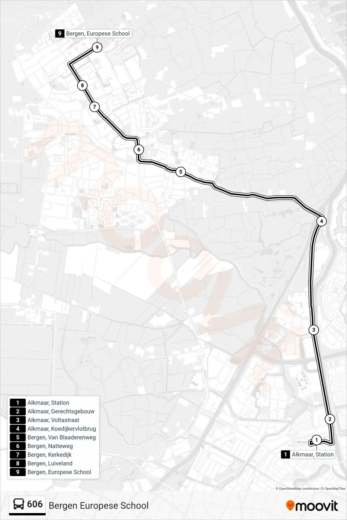 Lijn 606 (bus, Bergen Europese School): route en haltes op de kaart