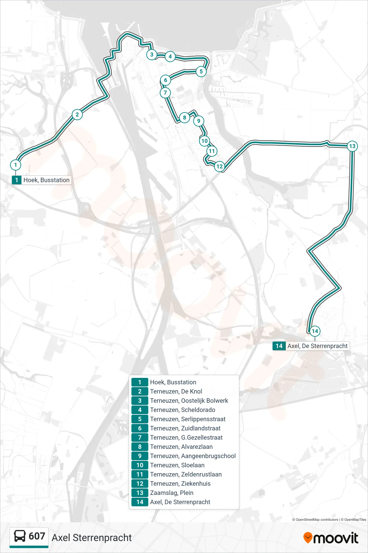 Lijn 607 (bus, Axel Sterrenpracht): route en haltes op de kaart