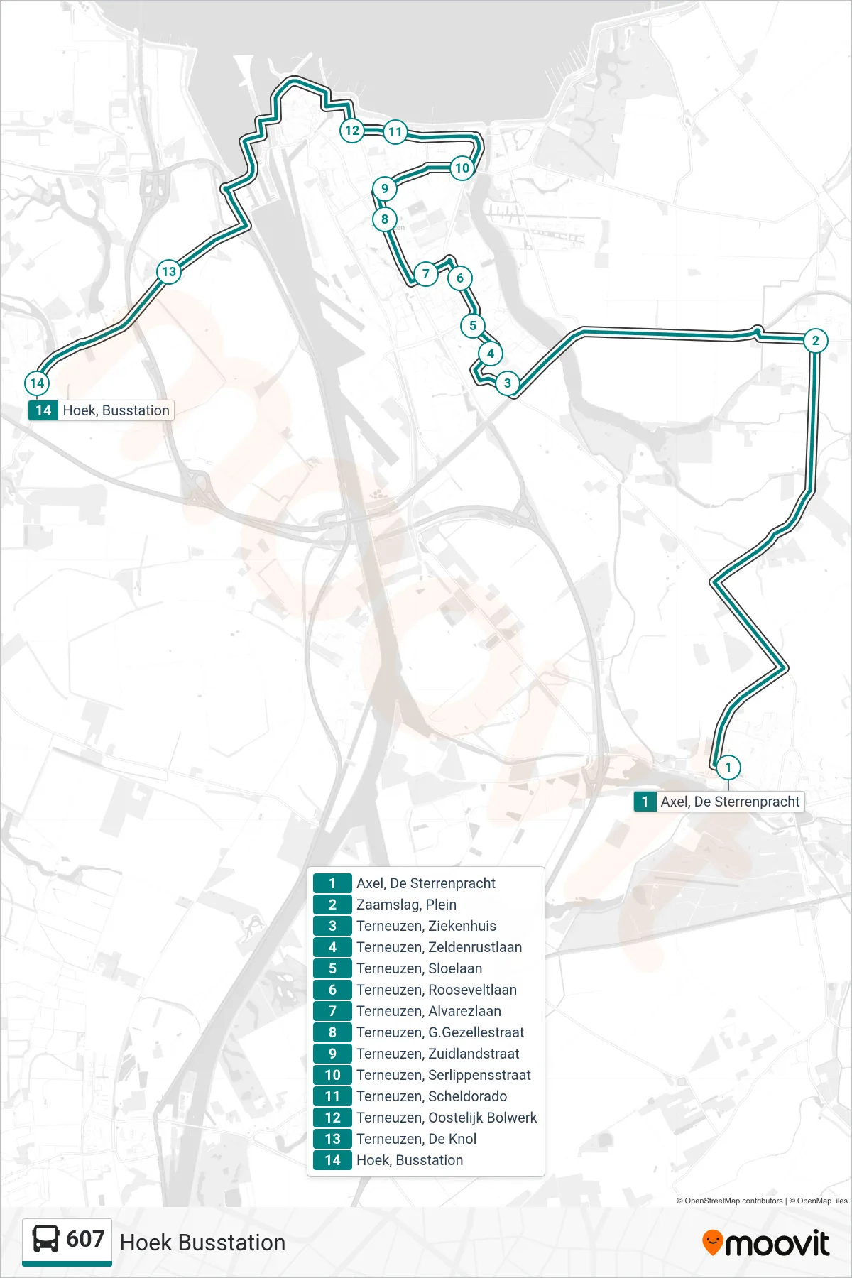Lijn 607 (bus, Hoek Busstation): route en haltes op de kaart