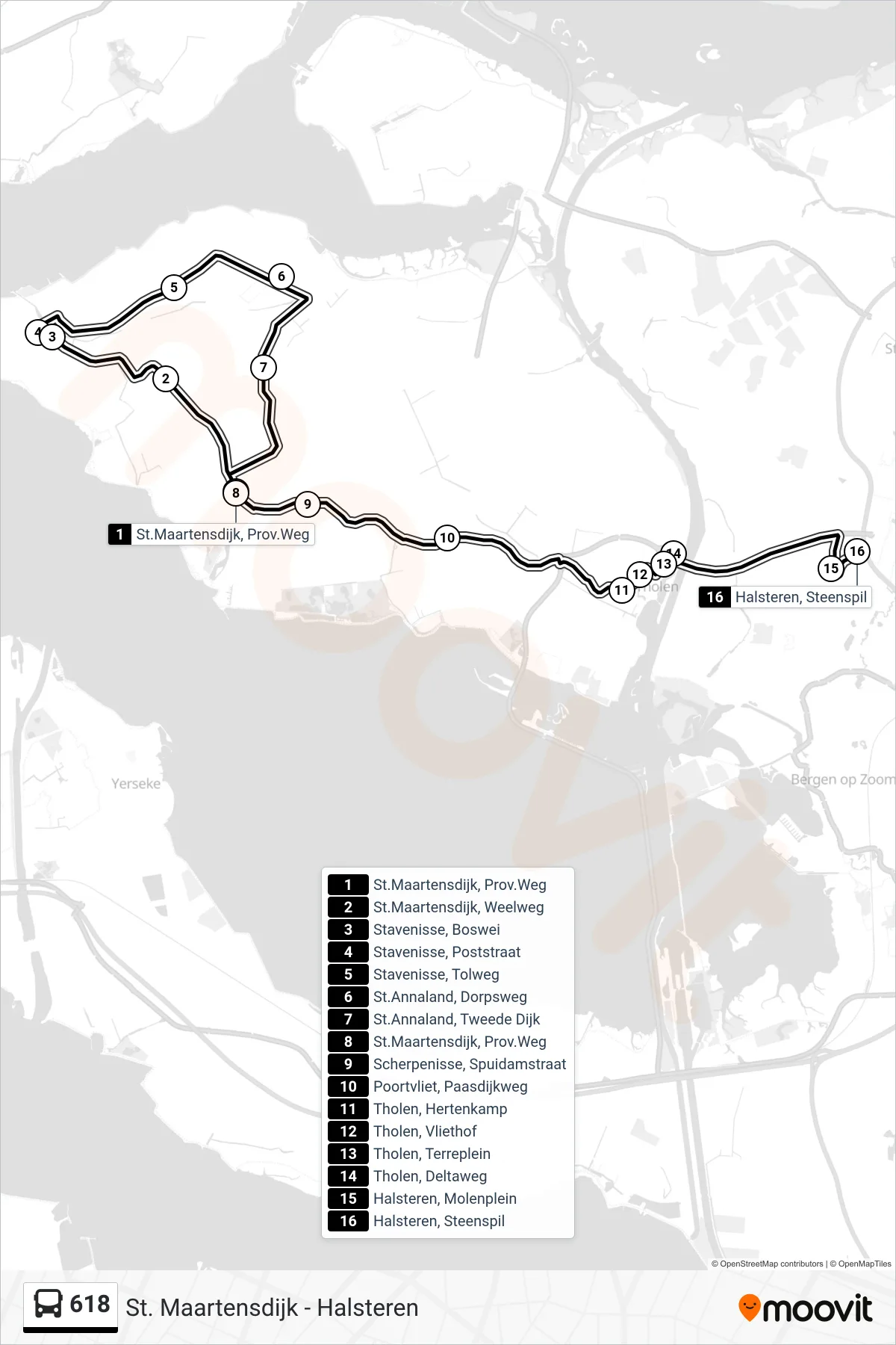 Lijn 618 (bus, Halsteren Steenspil): route en haltes op de kaart