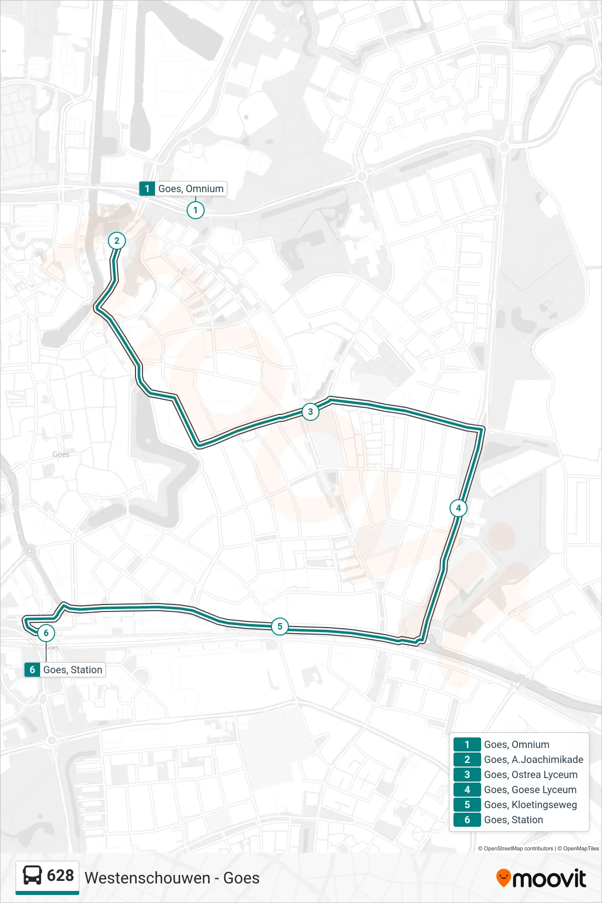 Lijn 628 (bus, Goes Station): route en haltes op de kaart