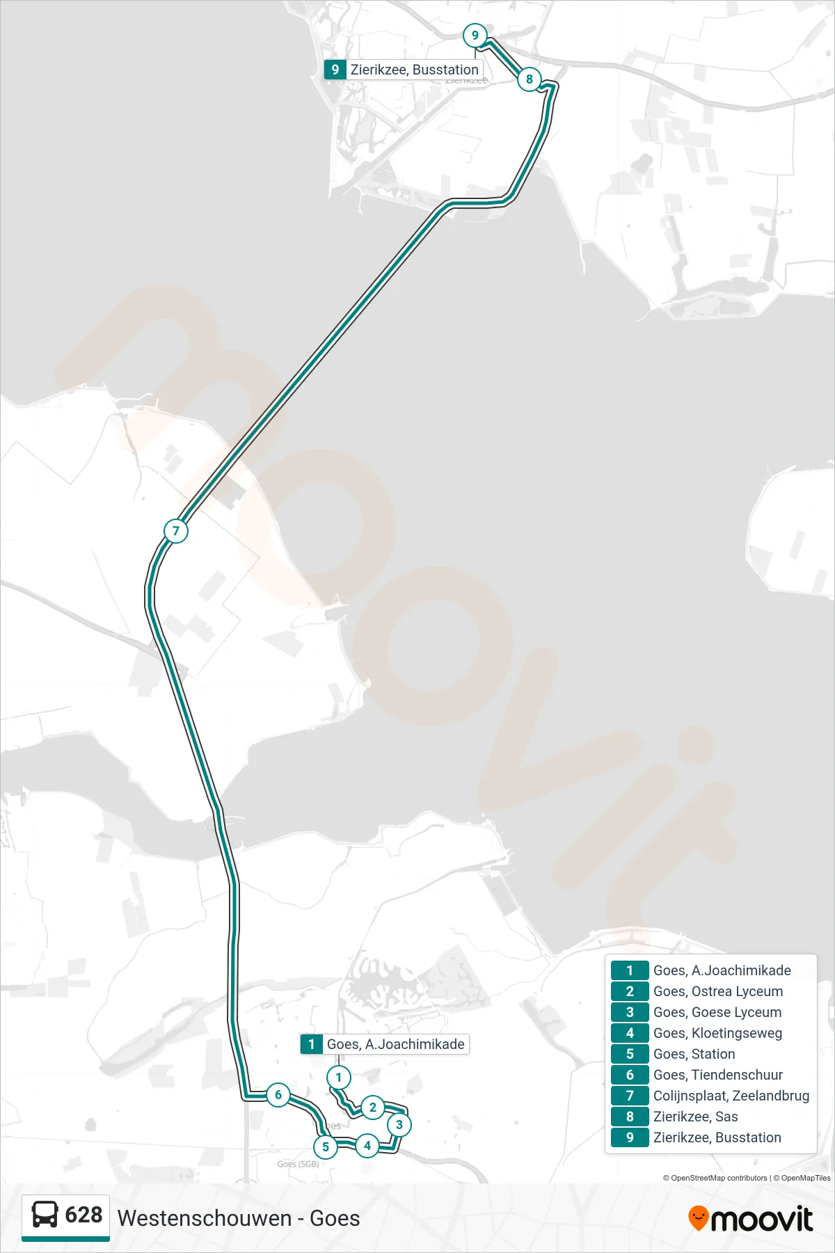 Lijn 628 (bus, Zierikzee Busstation): route en haltes op de kaart