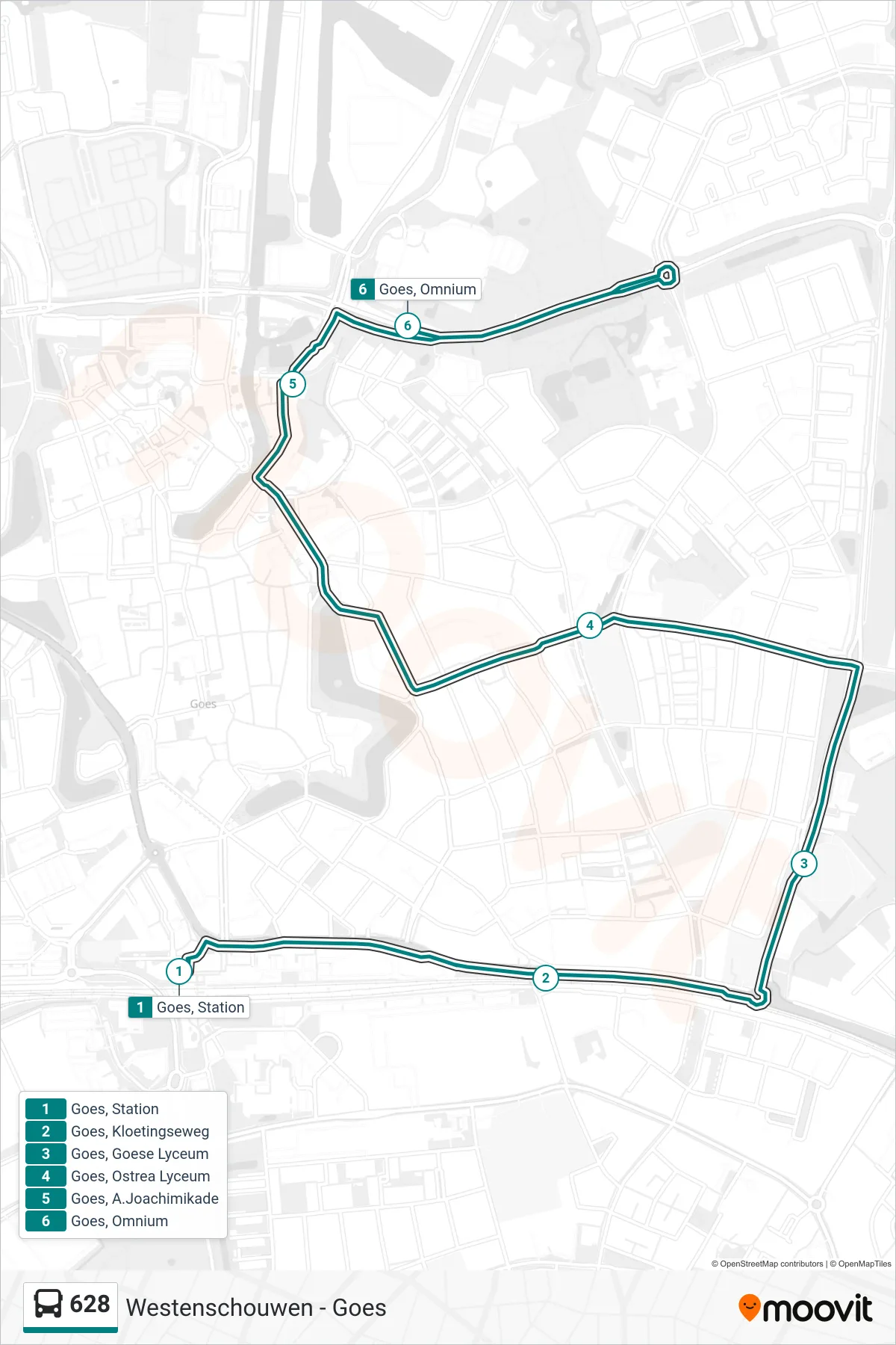 Lijn 628 (bus, Goes Omnium): route en haltes op de kaart