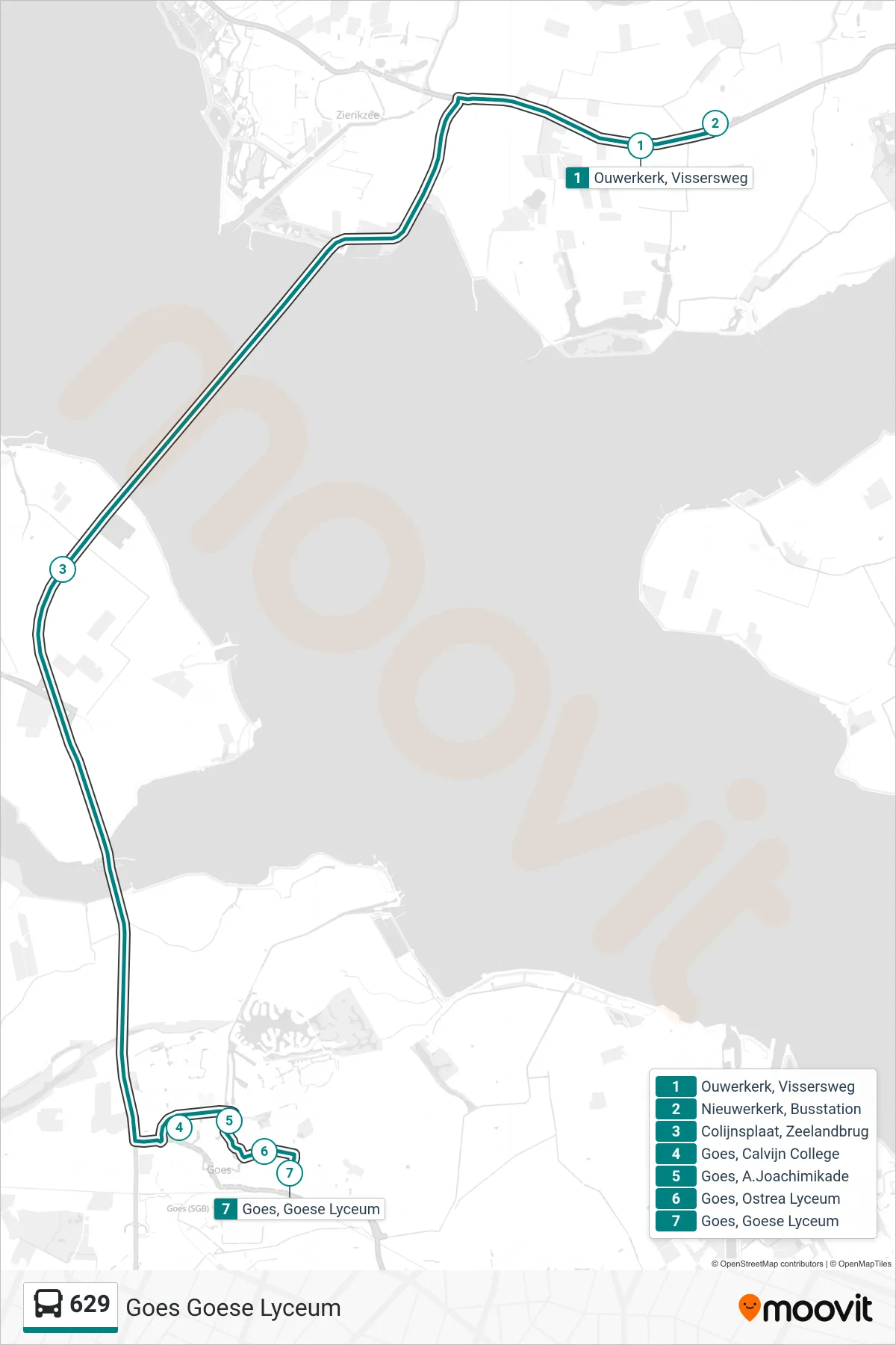 629 bus Line (Goes Goese Lyceum) route and stops on a map