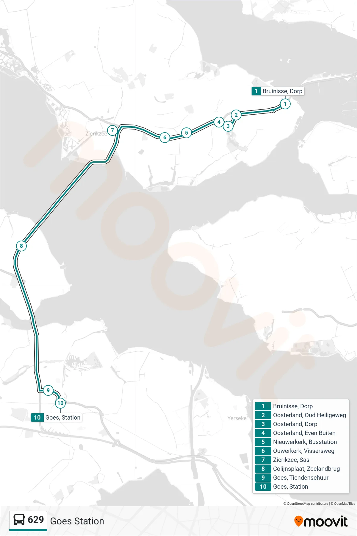 Lijn 629 (bus, Goes Station): route en haltes op de kaart