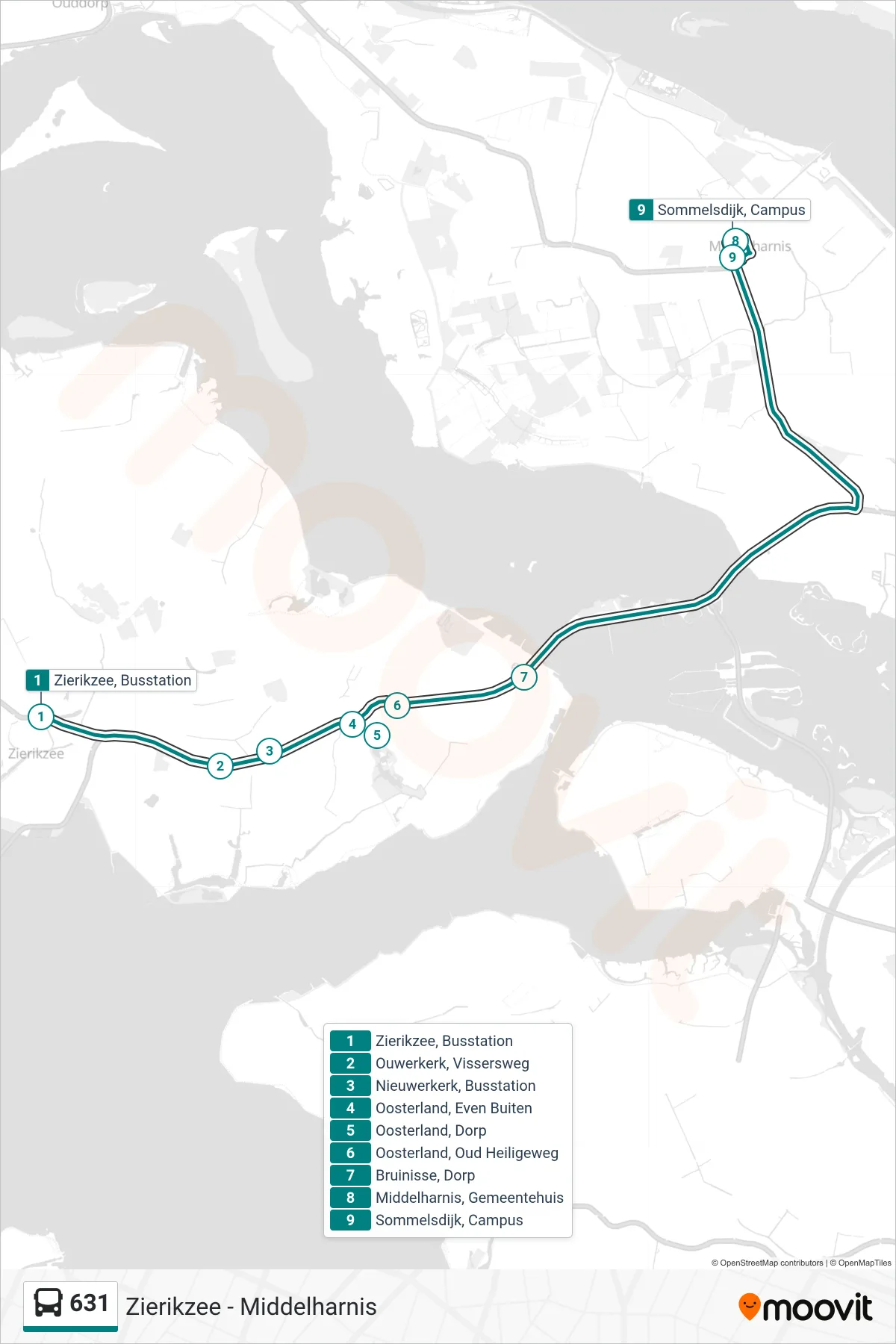 Lijn 631 (bus, Sommelsdijk Campus): route en haltes op de kaart
