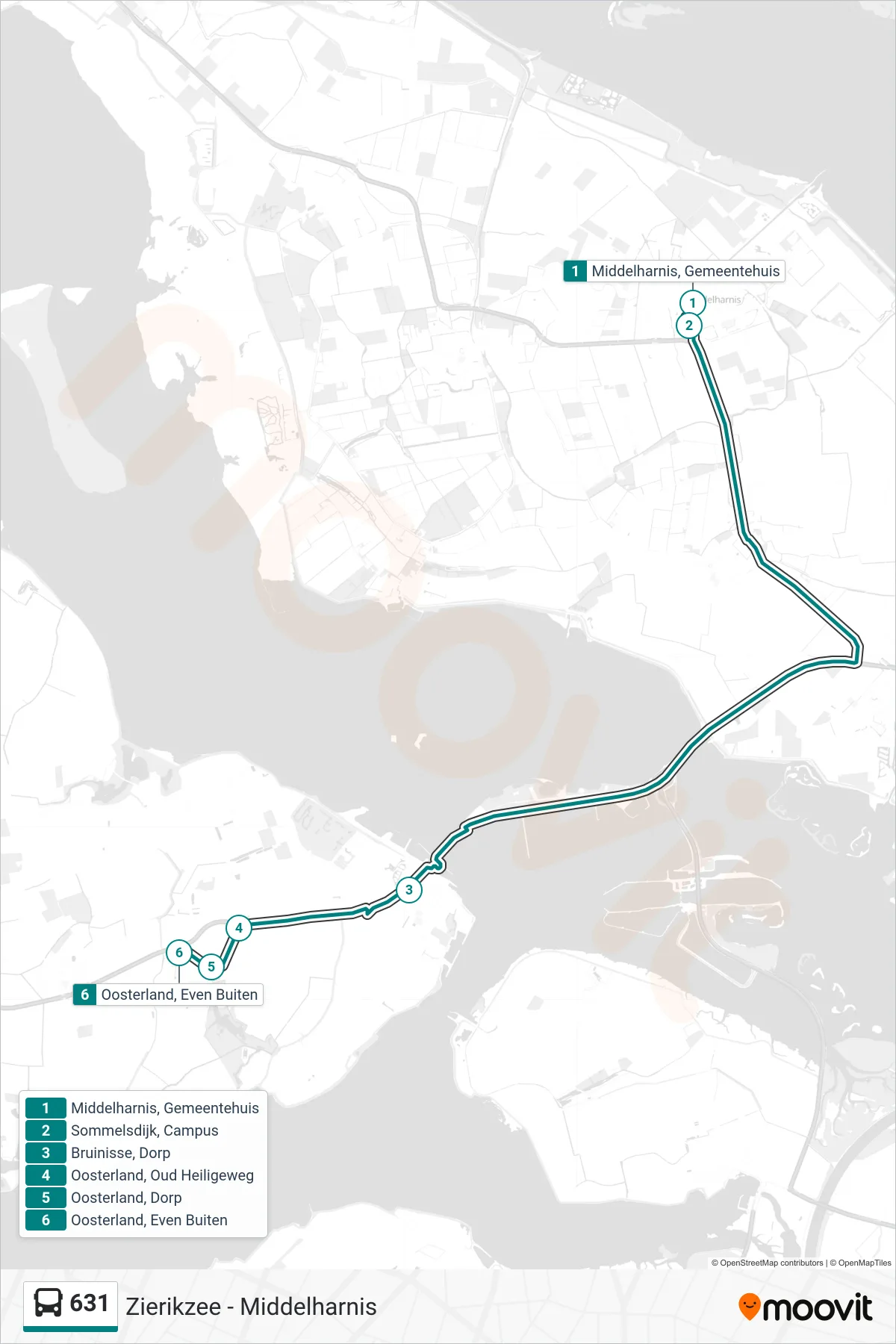631 bus Line (Oosterland Even Buiten) route and stops on a map