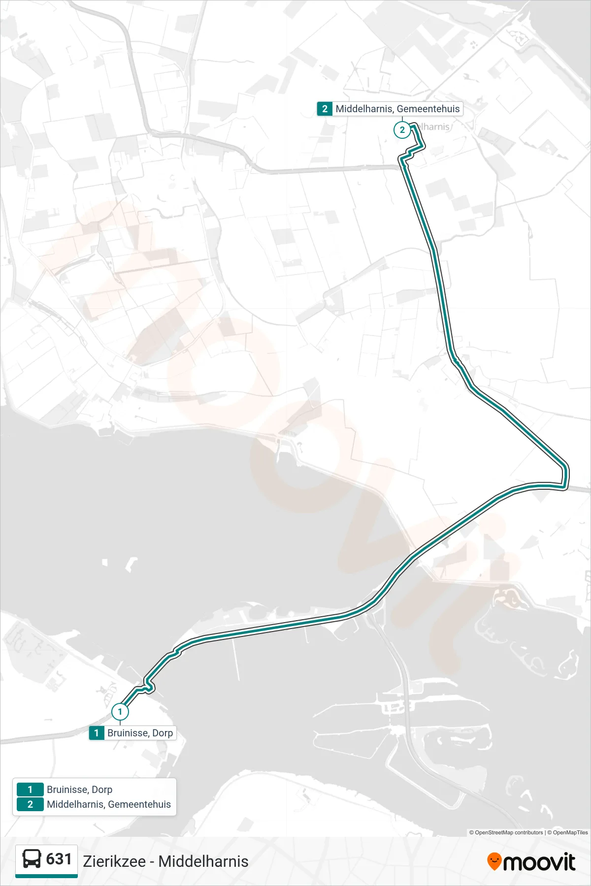 Lijn 631 (bus, Middelharnis Gemeentehuis): route en haltes op de kaart