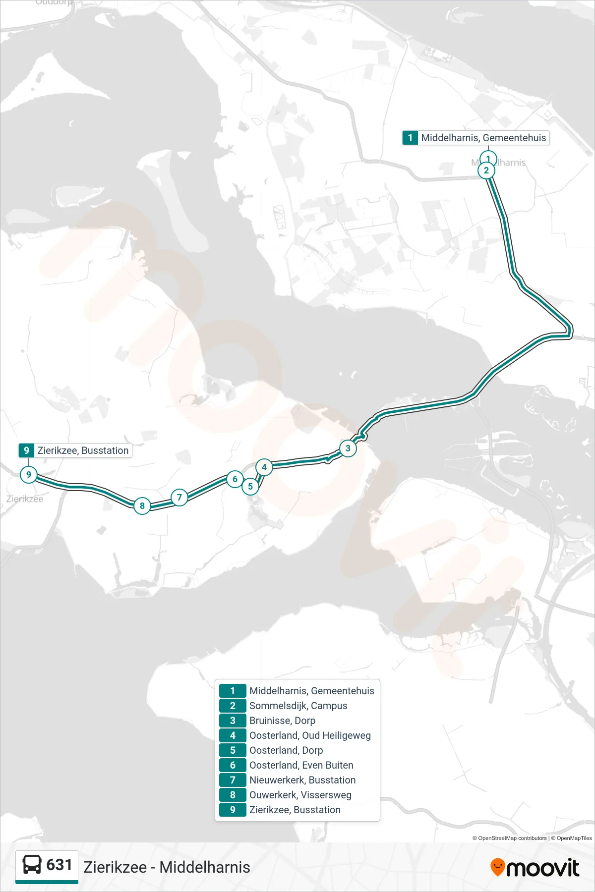 Lijn 631 (bus, Zierikzee Busstation): route en haltes op de kaart