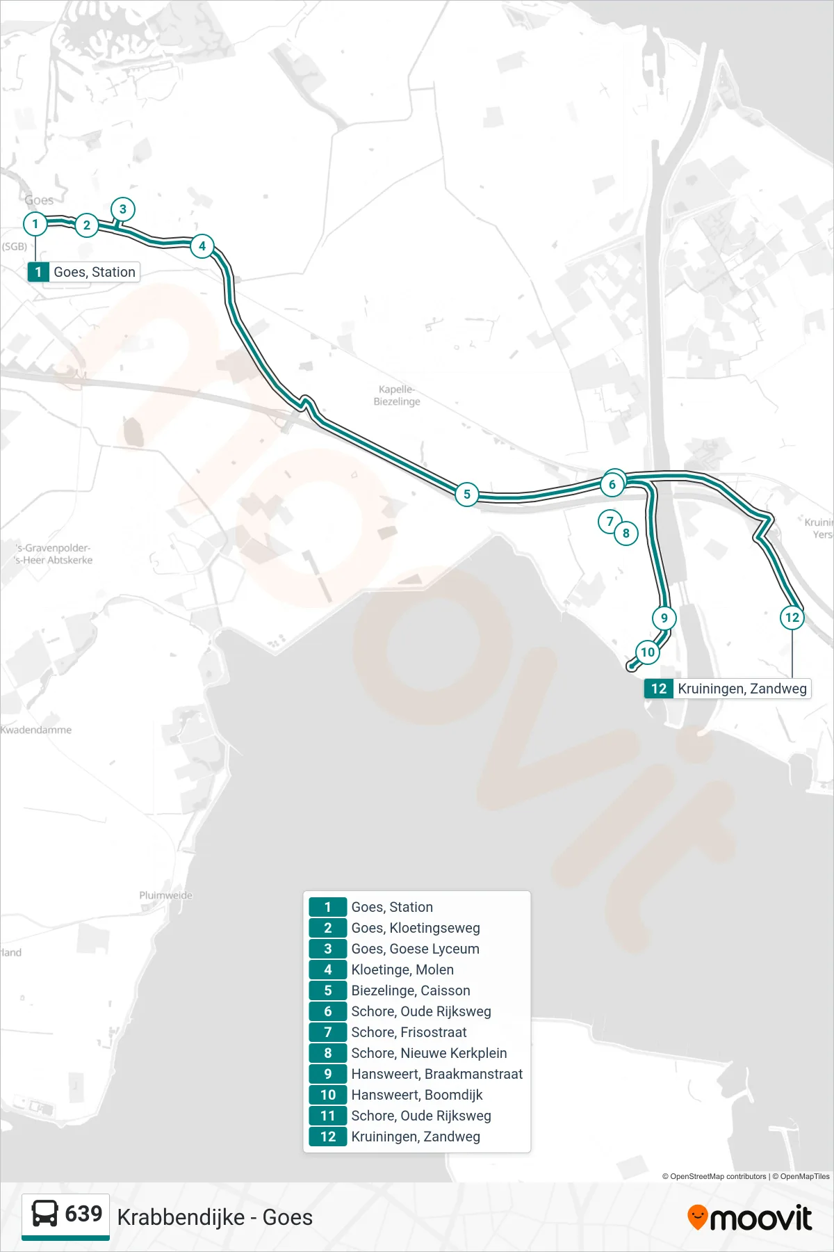 Lijn 639 (bus, Kruiningen Zandweg): route en haltes op de kaart