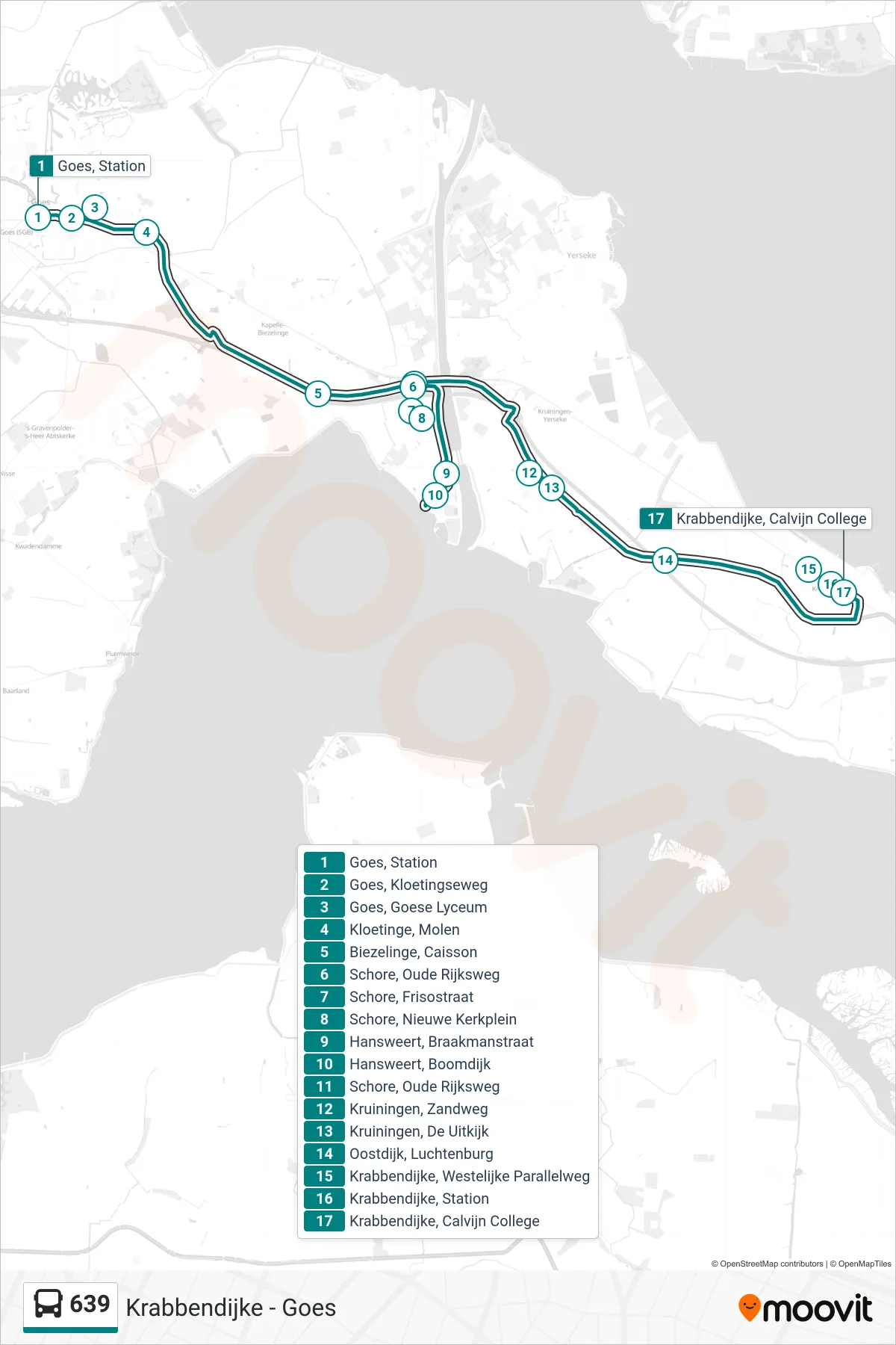 Lijn 639 (bus, Krabbendijke Calvijn College): route en haltes op de kaart