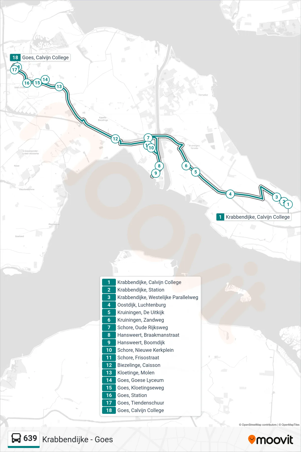 Lijn 639 (bus, Goes Calvijn College): route en haltes op de kaart