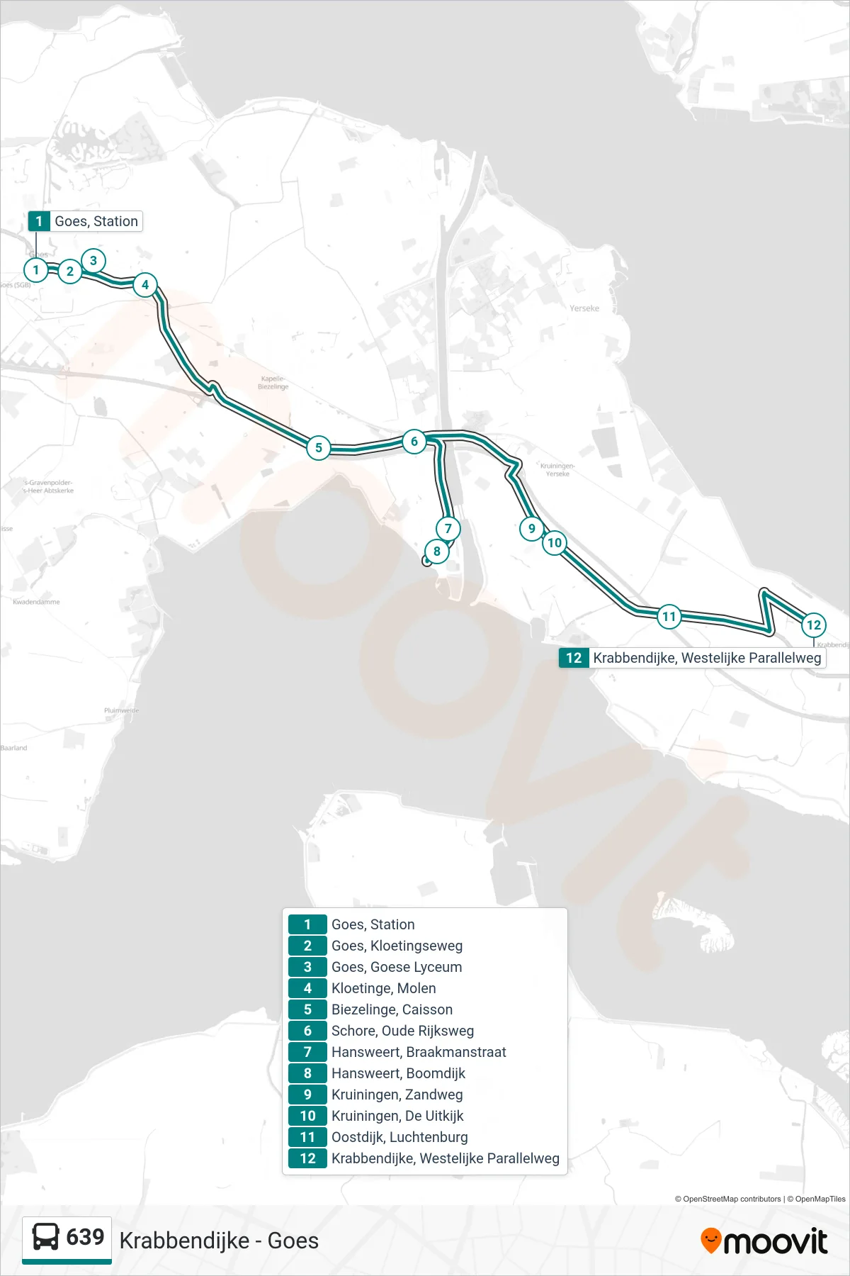 Lijn 639 (bus, Krabbendijke): route en haltes op de kaart