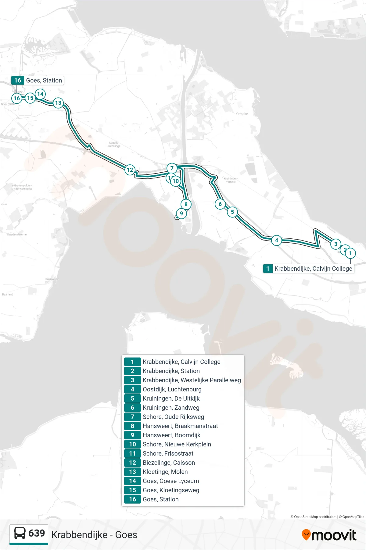 639 bus Line (Goes Station) route and stops on a map