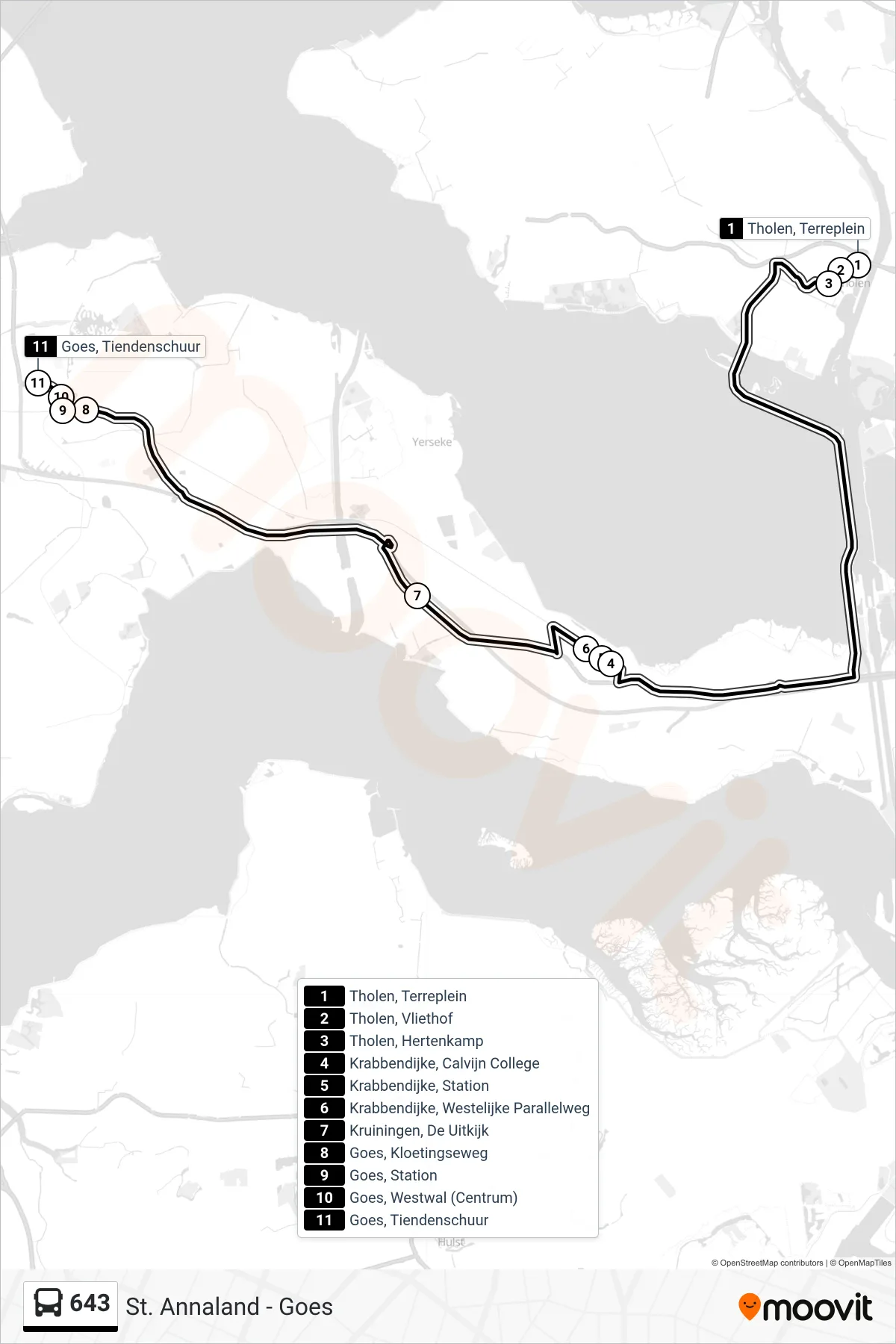 Lijn 643 (bus, Goes Tiendenschuur): route en haltes op de kaart