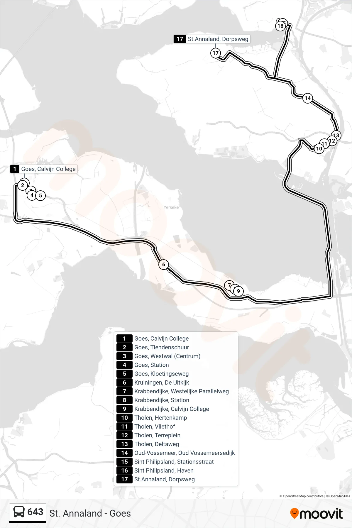 Lijn 643 (bus, St.Annaland Dorpsweg): route en haltes op de kaart