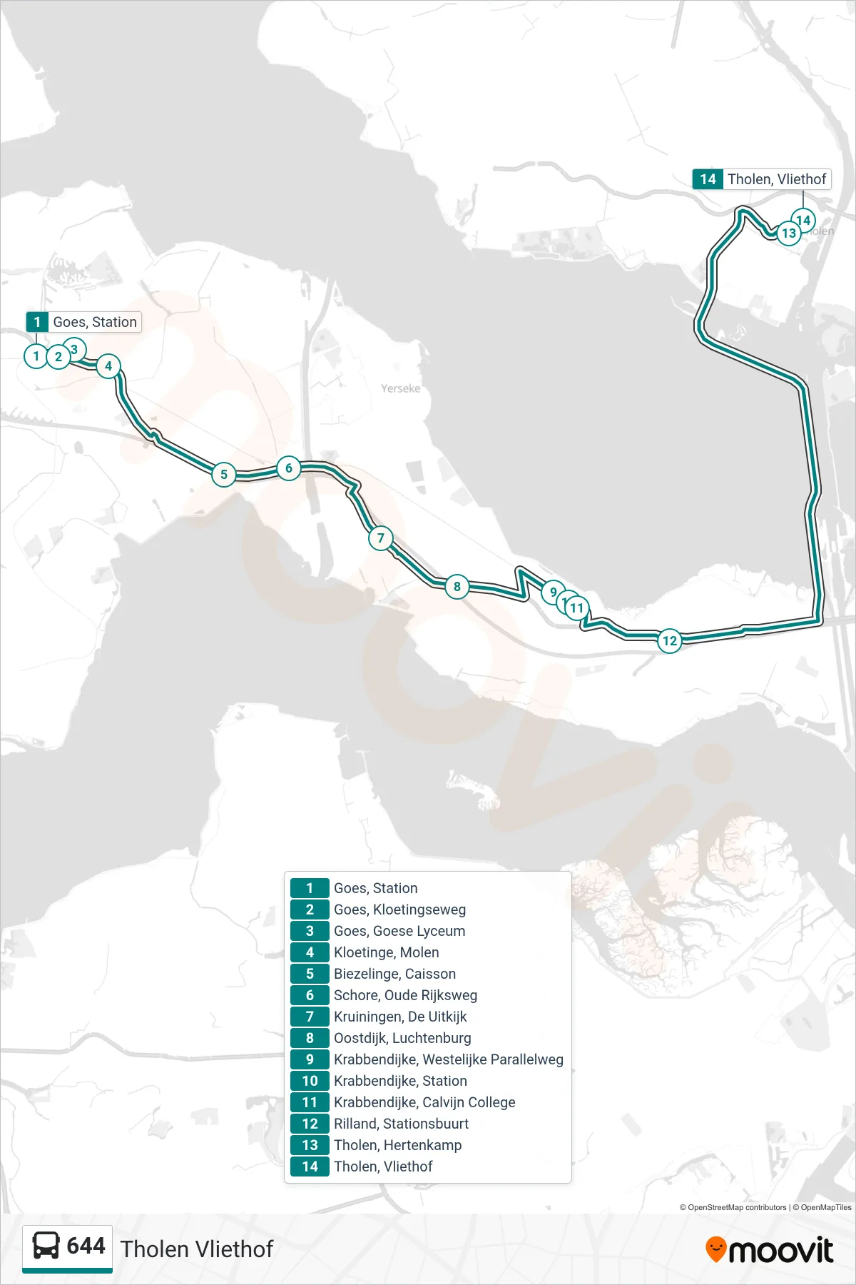 Lijn 644 (bus, Tholen Vliethof): route en haltes op de kaart
