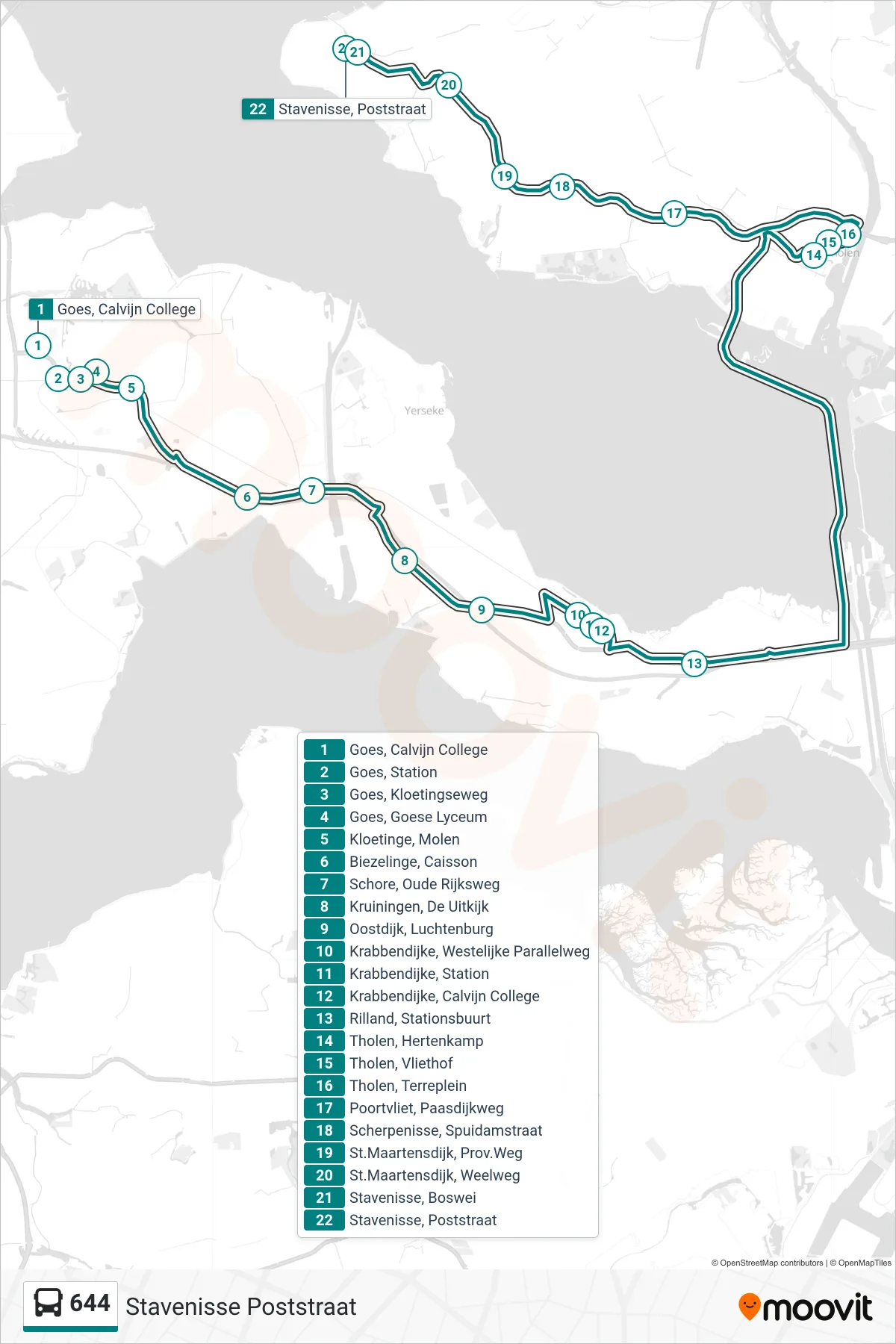 Lijn 644 (bus, Stavenisse Poststraat): route en haltes op de kaart