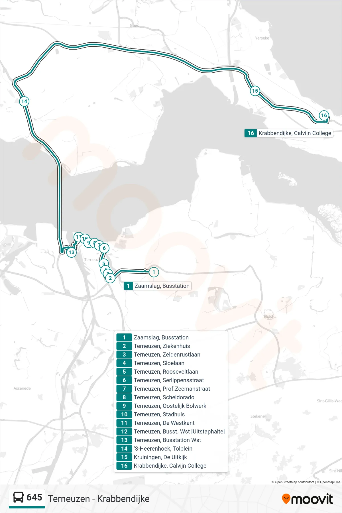 Lijn 645 (bus, Krabbendijke Calvijn College): route en haltes op de kaart