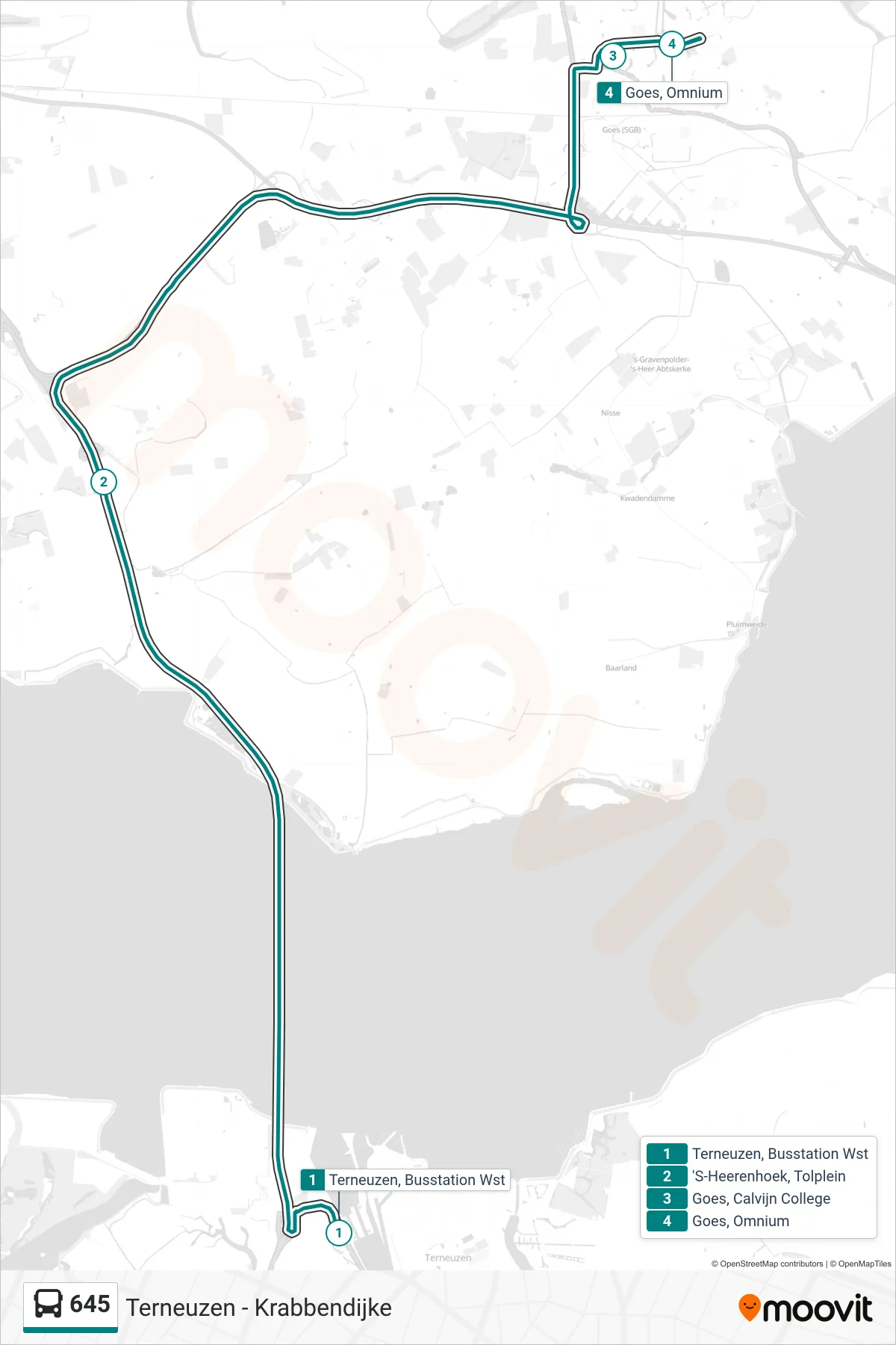 Lijn 645 (bus, Goes Omnium): route en haltes op de kaart