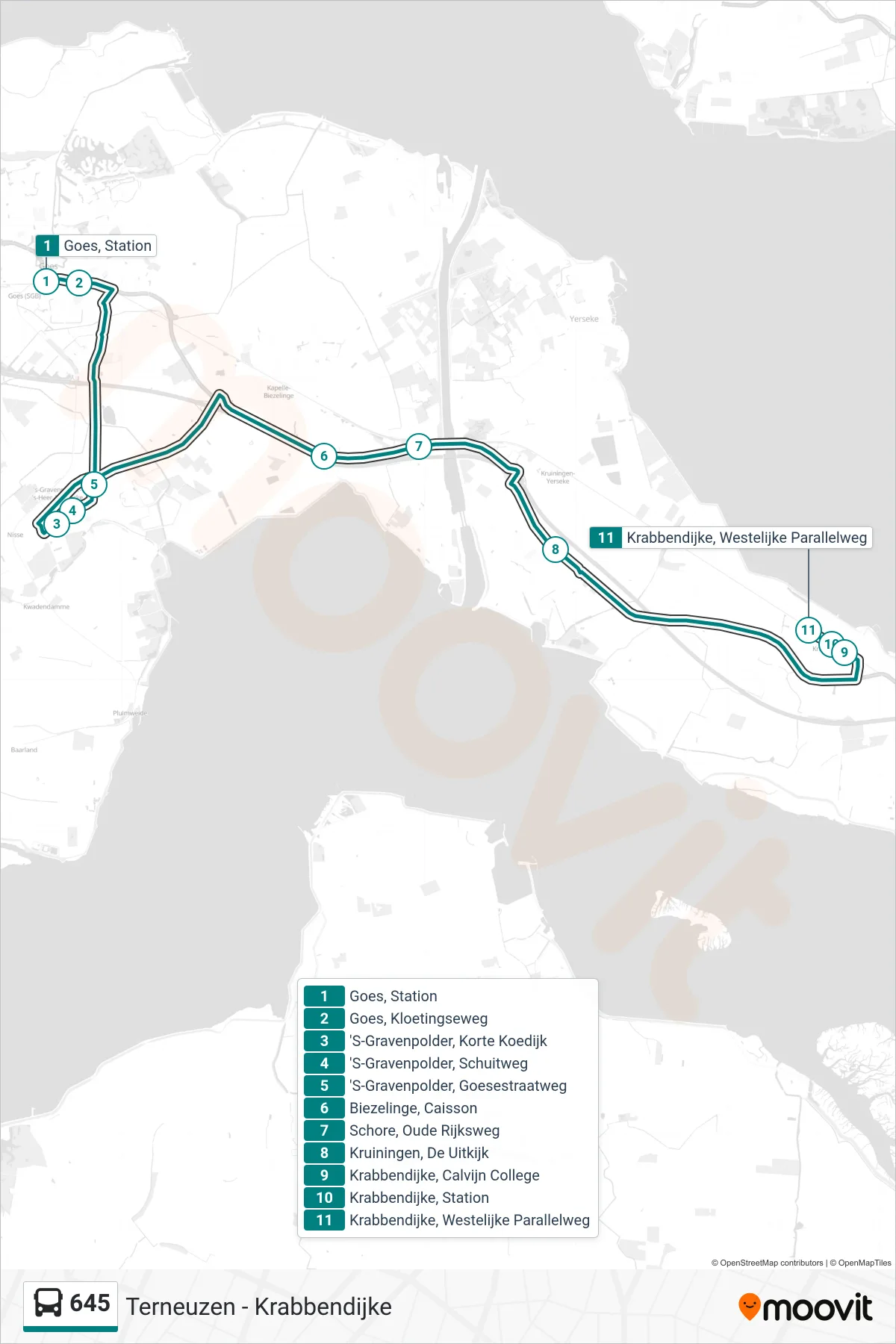 Lijn 645 (bus, Krabbendijke Westelijke Parallelweg): route en haltes op de kaart