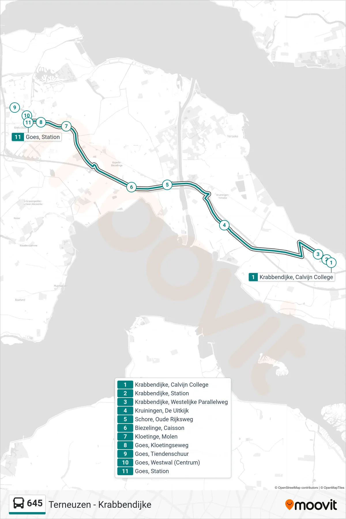 645 bus Line (Goes Station) route and stops on a map