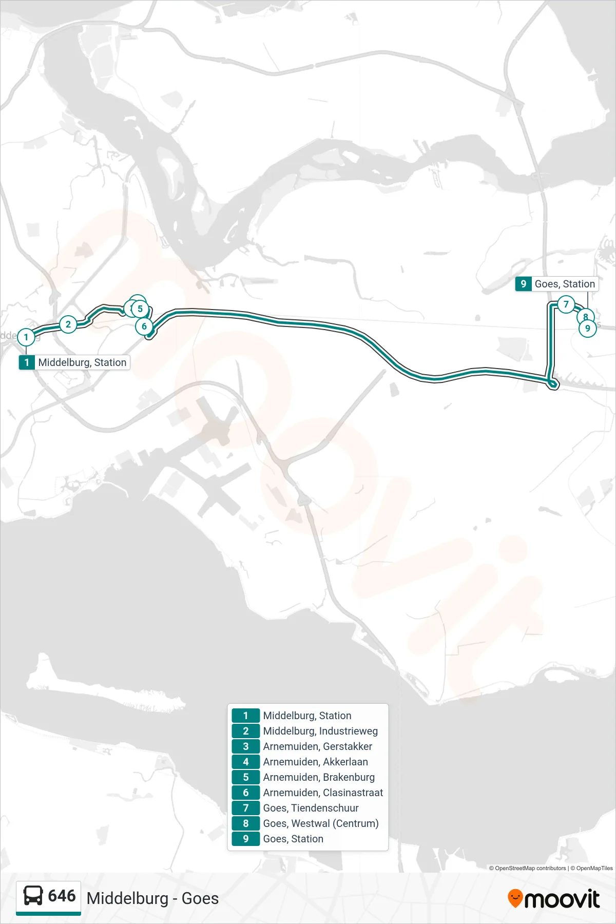 Lijn 646 (bus, Goes Station): route en haltes op de kaart
