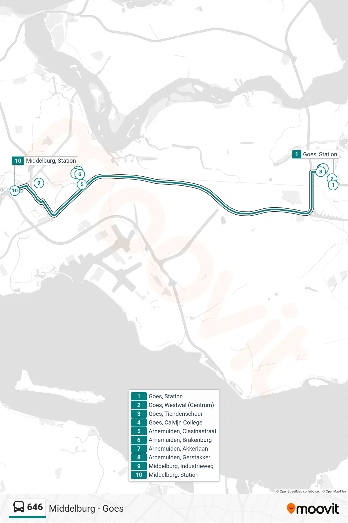 Lijn 646 (bus, Middelburg Station): route en haltes op de kaart
