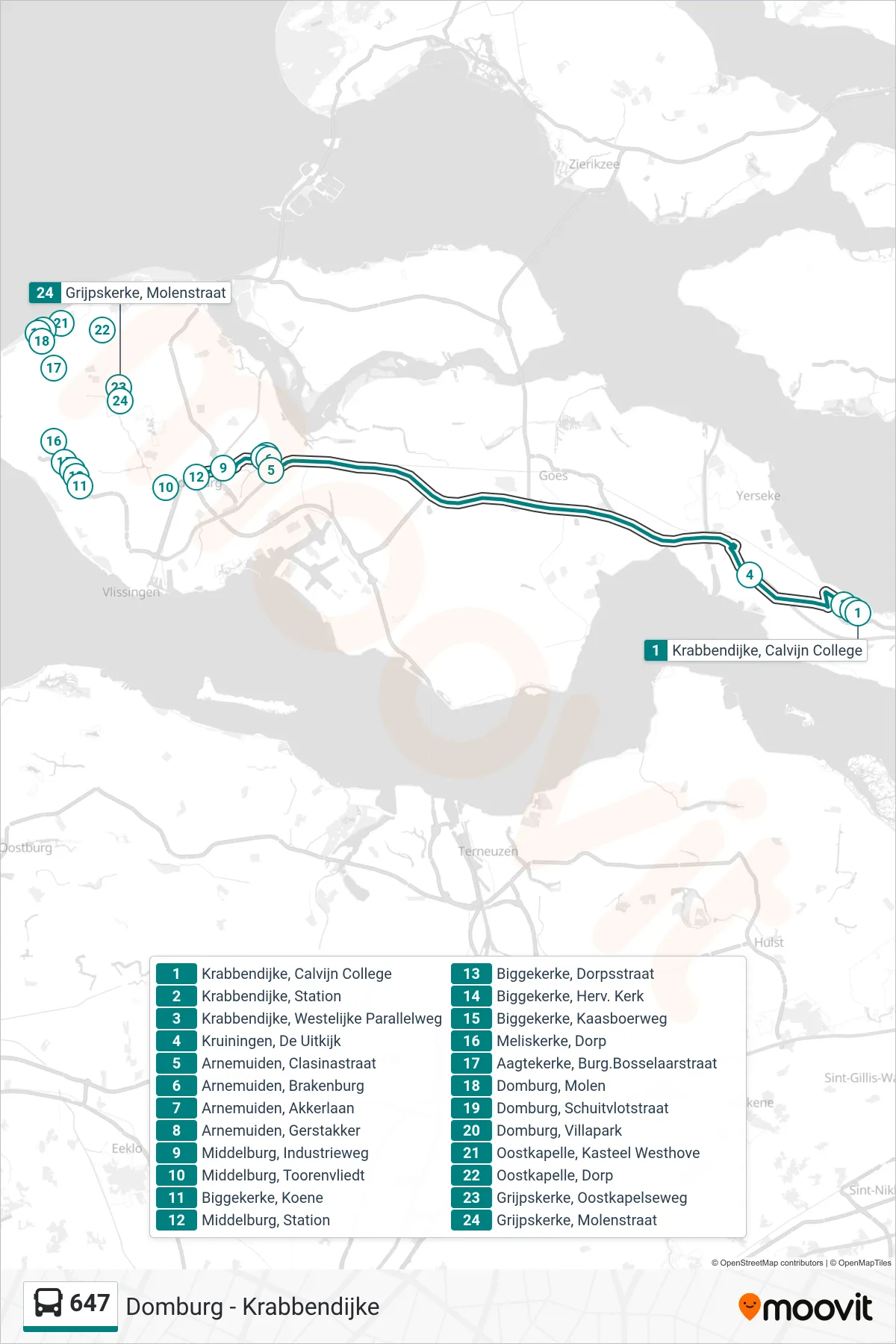 Lijn 647 (bus, Middelburg Station): route en haltes op de kaart