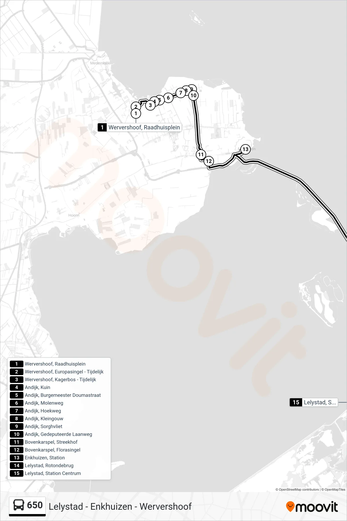 Lijn 650 (bus, Lelystad Station Centrum): route en haltes op de kaart