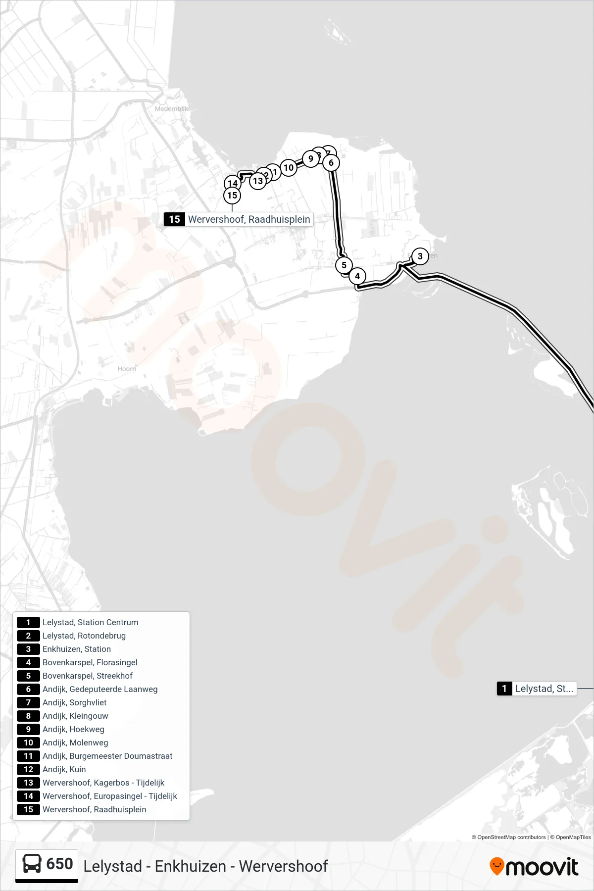 650 bus Line (Wervershoof Raadhuisplein) route and stops on a map