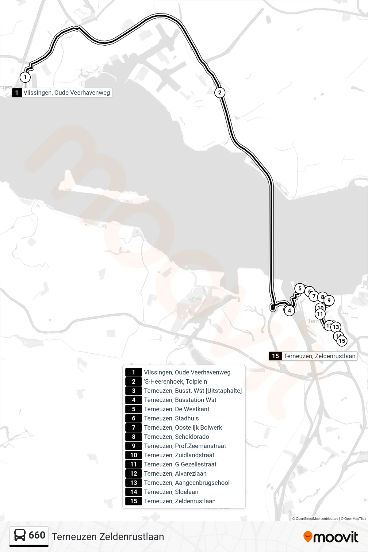 Lijn 660 (bus, Terneuzen Zeldenrustlaan): route en haltes op de kaart