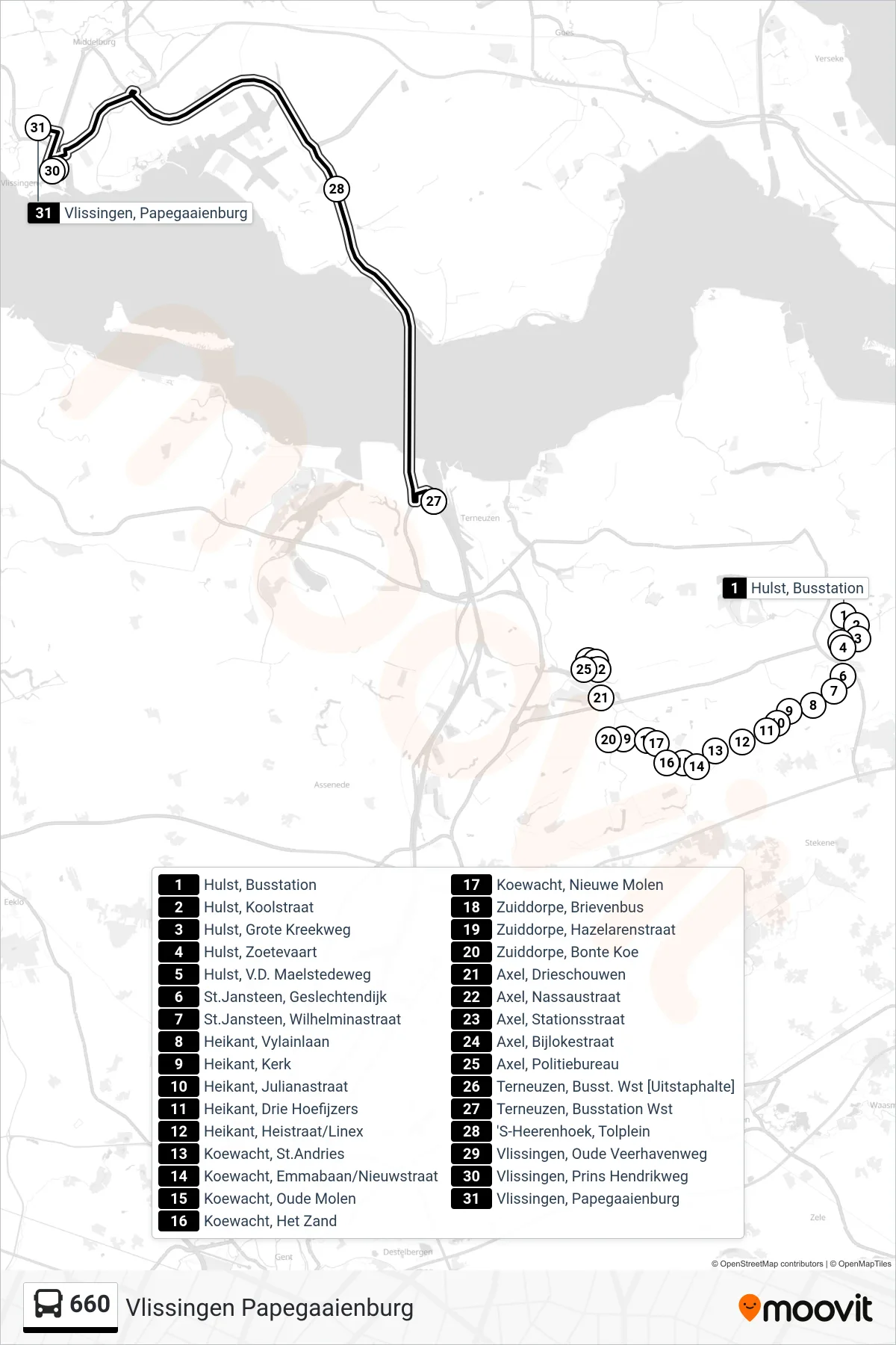 Lijn 660 (bus, Vlissingen Papegaaienburg): route en haltes op de kaart