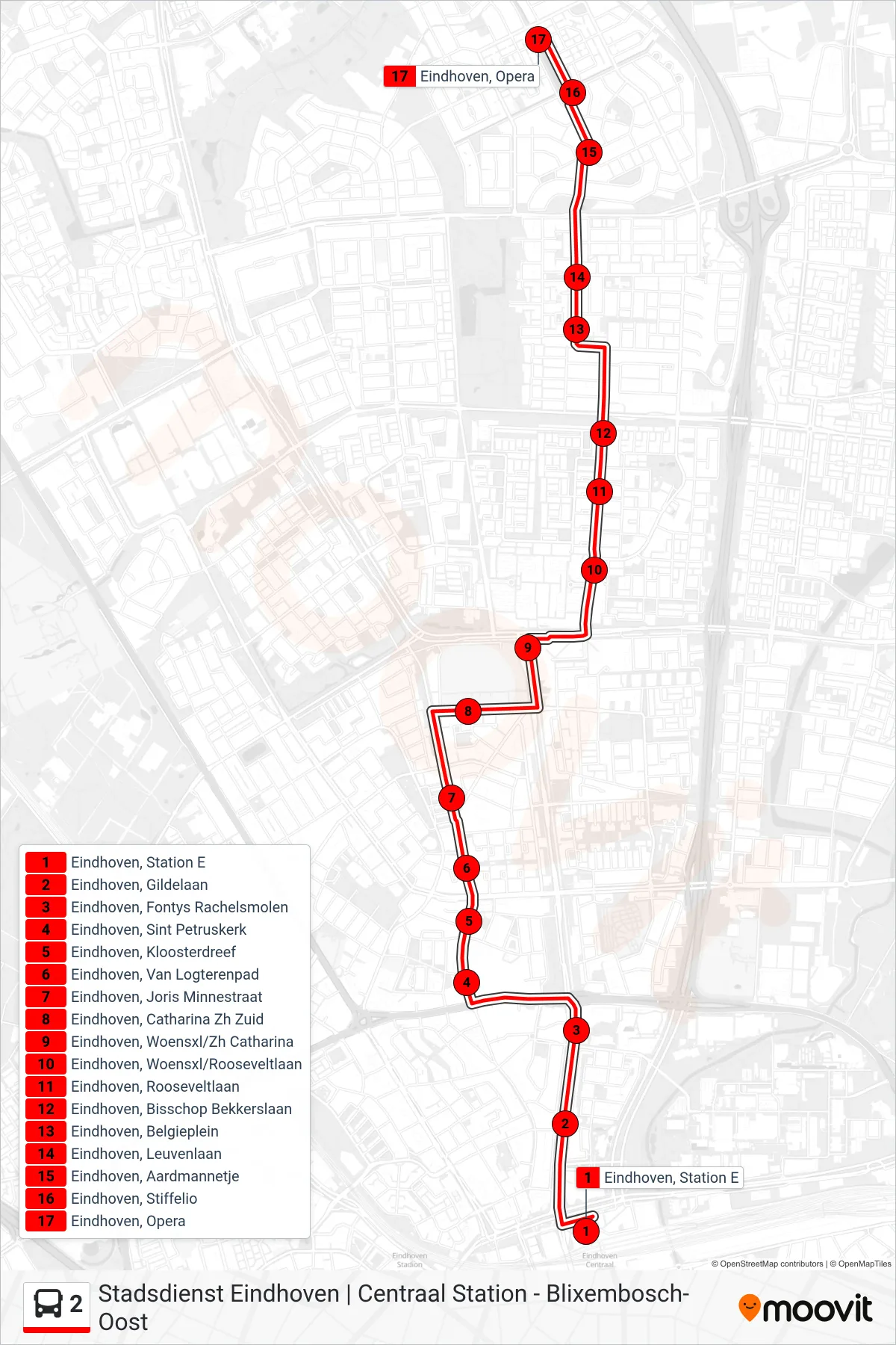 Linie 2 (Bus) Richtung Blixembosch Oost: Route und Haltestellen auf der Karte